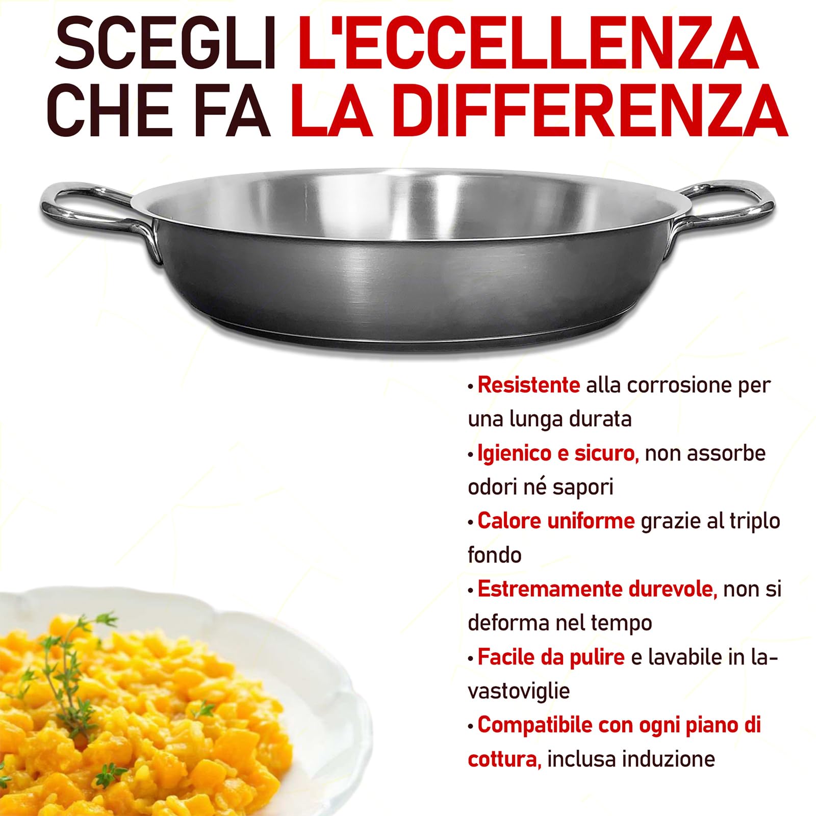 Sicignano | Tegame Ø28 cm, Acciaio Inox 18/10 con Triplo Fondo, per Gas Elettrico Induzione Vetroceramica, Linea Master – Made in Italy – per Ristorazione e Uso Domestico
