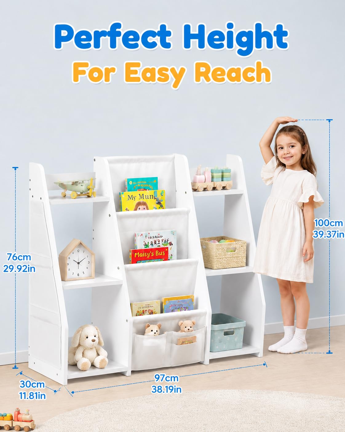 Librería Montessori Infantil Blanca con Bolsillos de Tela, 97 x 30 x 76 cm | Estantería infantil para libros y juguetes con compartimentos abiertos y kit antivuelco, ideal como mueble organizador.