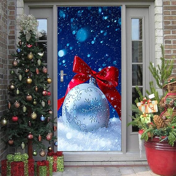 3D Door Wall Mural Wallpaper Christmas 3D Door Sticker Christmas Balls