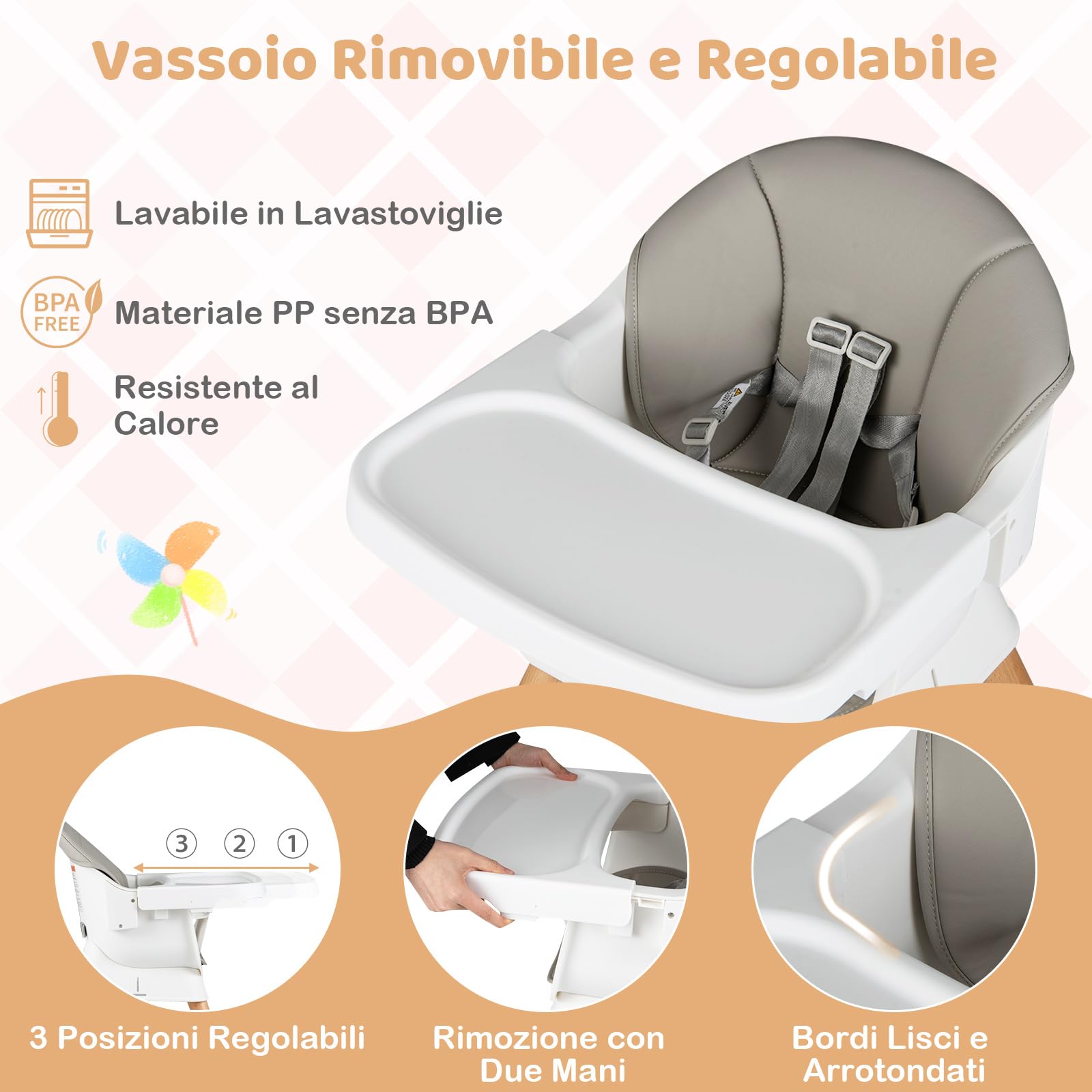 COSTWAY Seggiolone Pappa per Bambini, Seggiolone Convertibile con Cintura e Vassoio Rimovibile, Sedia Evolutiva per Neonati, Telaio in Legno Massello, per Neonati 6-36 Mesi (Grigio Chiaro)