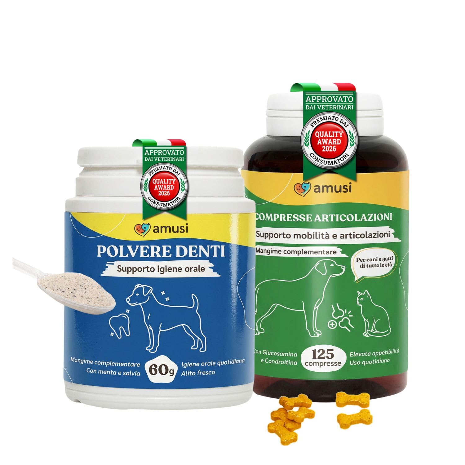 amusi Igiene Orale + Articolazioni per cani: Dentifricio in Polvere 60g con Ascophyllum e Menta per Denti e Alito + Integratore 125 Compresse con Glucosamina, Condroitina, MSM e Curcuma