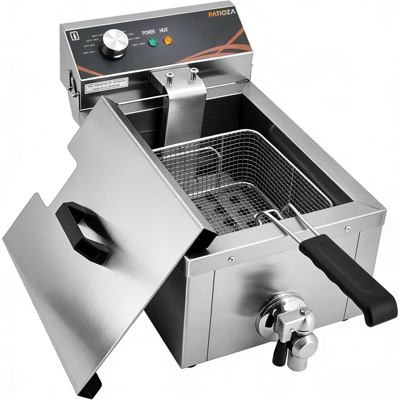 PATIOZA 6L Commercial Electric Deep Fryer with Oil Valve, 3000W Stainless Steel Deep Fat Fryer with Basket & Lid for Home & Restaurant