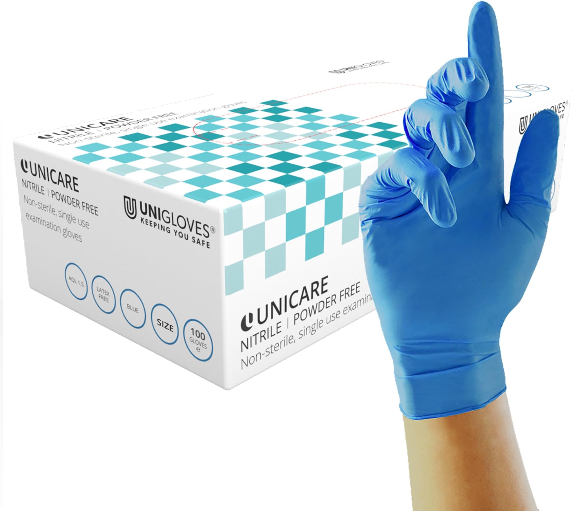 Unicare Nitrile Examination Disposable Gloves - Multipurpose, Powder Free, Medical Gloves - Box of 100 Gloves, Blue, Large (GS0034)