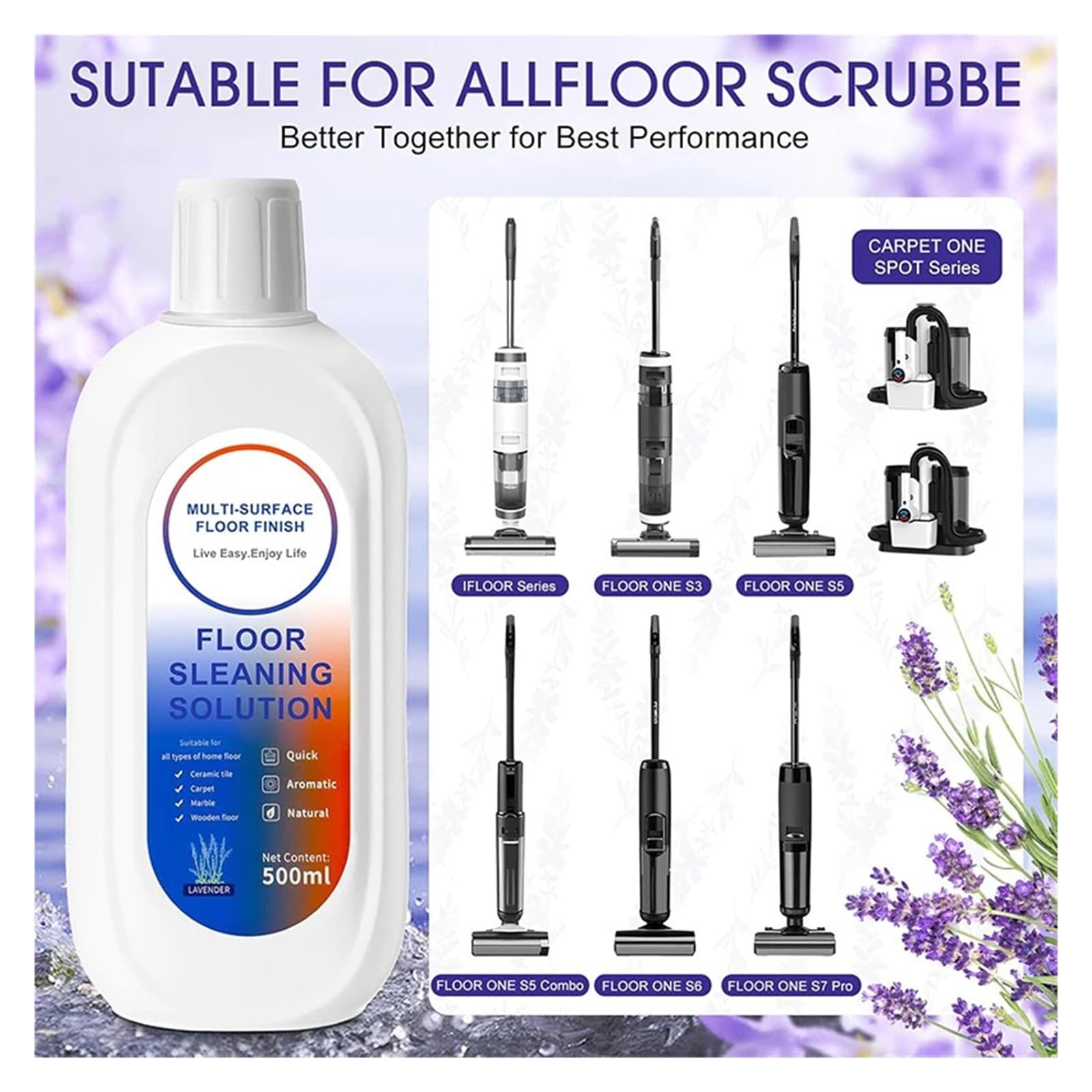 Bodenreiniger mit Lavendelduft, 500 ml, kompatibel mit Tineco | FLOOR ONE S3/ S5/Pro2/Combo/S7Pro All Series Reinigungslösung Roboterstaubsauger(2PCS)