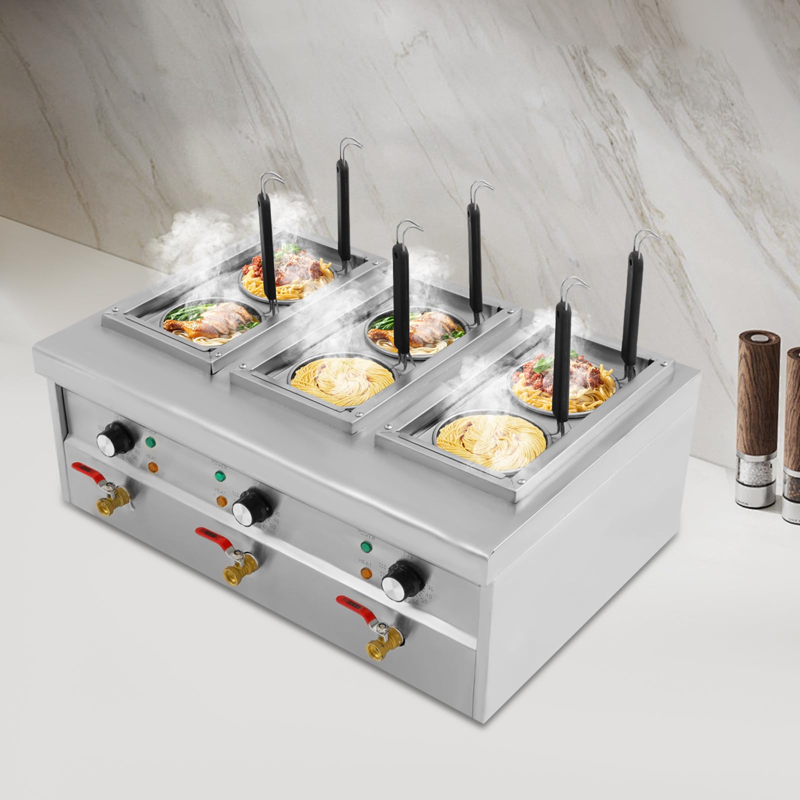 Fornello per pasta professionale, 6 cesti, 9 l, 2500 W, in acciaio inox, con rubinetto di scarico, fornello per pasta elettrica, per feste, banchetti ed eventi di catering