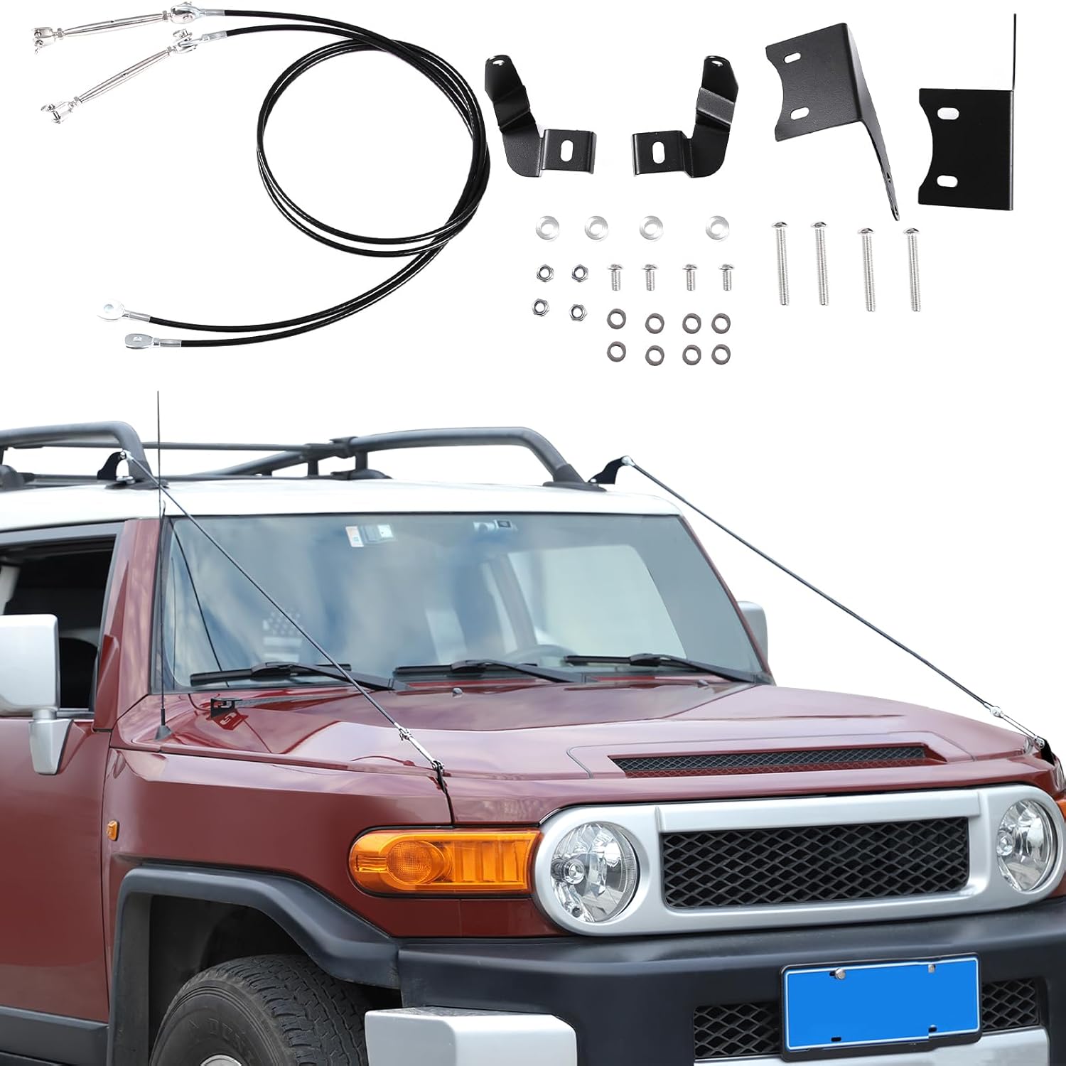 Aunginsy Car Hood Front Limb Risers Kit Compatible with Toyota FJ Cruiser 2007-2021 SUV Front Hood Wire Rope Bracket Through The Jungle Protector Obstacle Eliminate Wire Rope Exterior Accessories