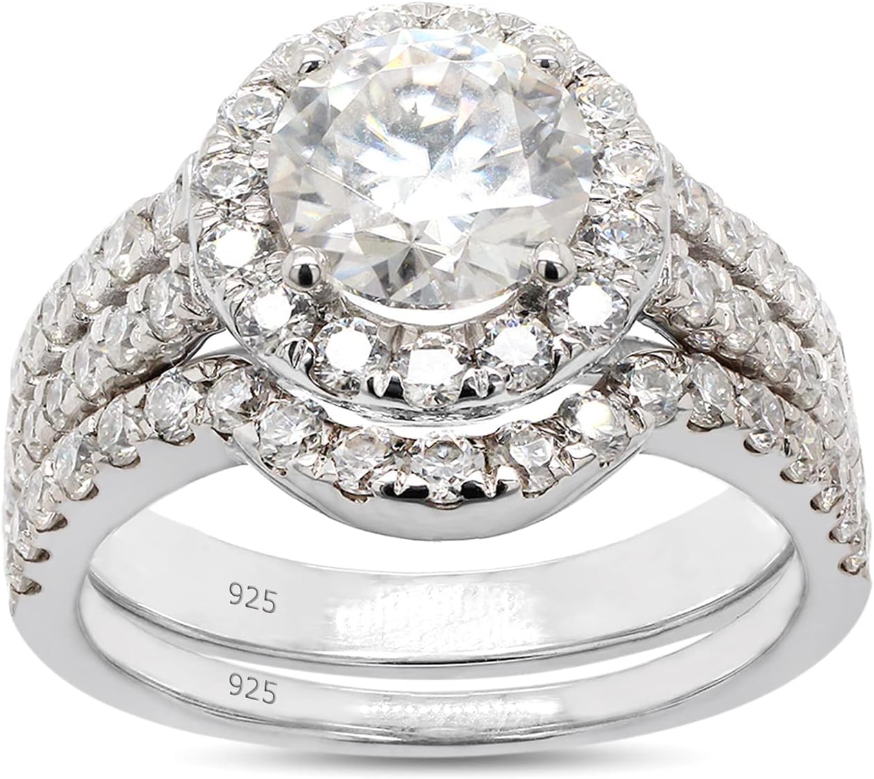 SAVEARTH DIAMONDS Halo Ring, 2 1/2 Cttw Center 6.5MM Round Lab Created Moissanite Diamond With Accents Bridal Set Ring In 14k Gold Over Sterling Silver (VVS1 Clarity, 2.50Cttw)