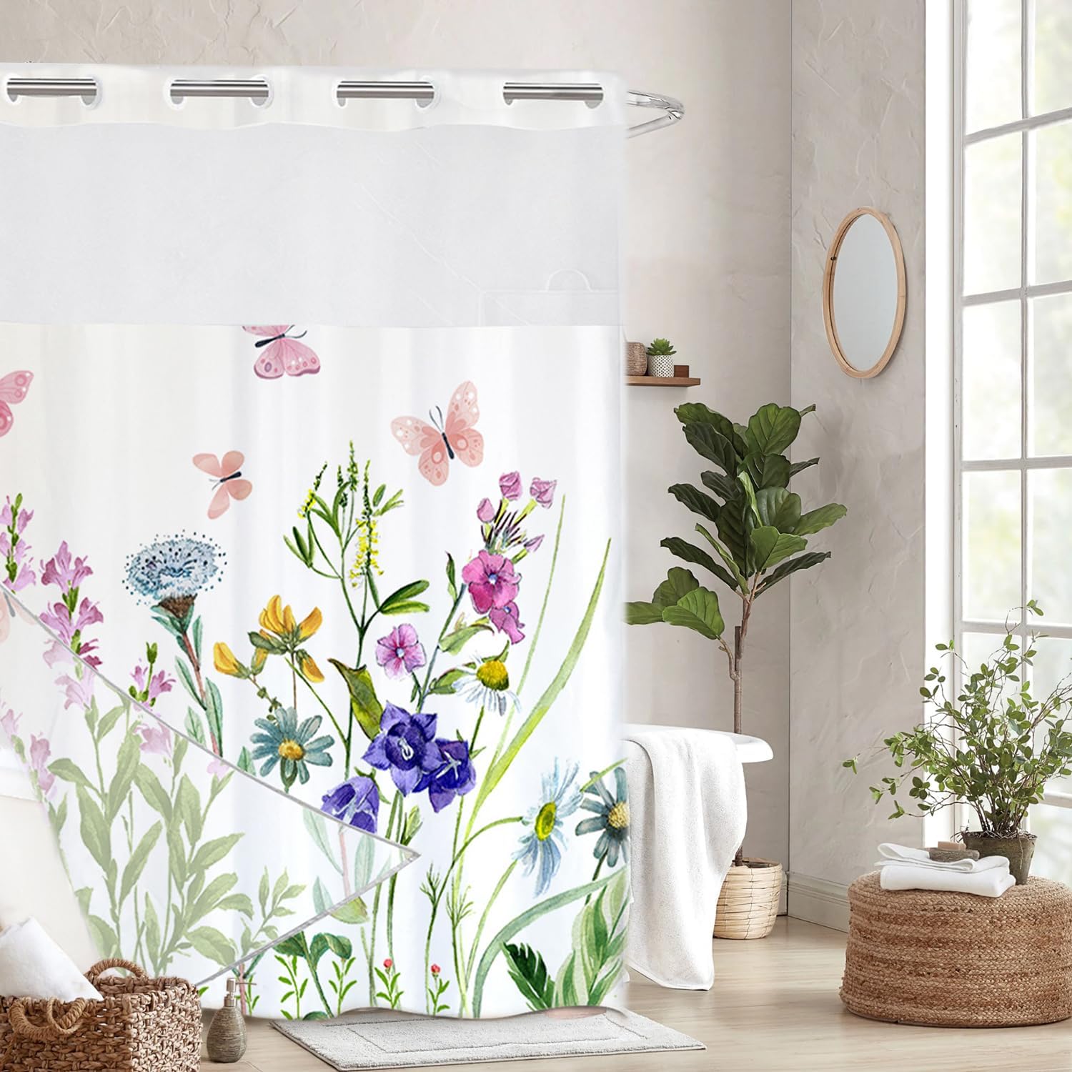 No Hook Shower Curtain with Snap in Fabric Liner Set for Bathroom Hotel Style Pink Butterfly Watercolor Floral Flower Shower Curtains with See Through Top Window Waterproof Washable 71×74 inch