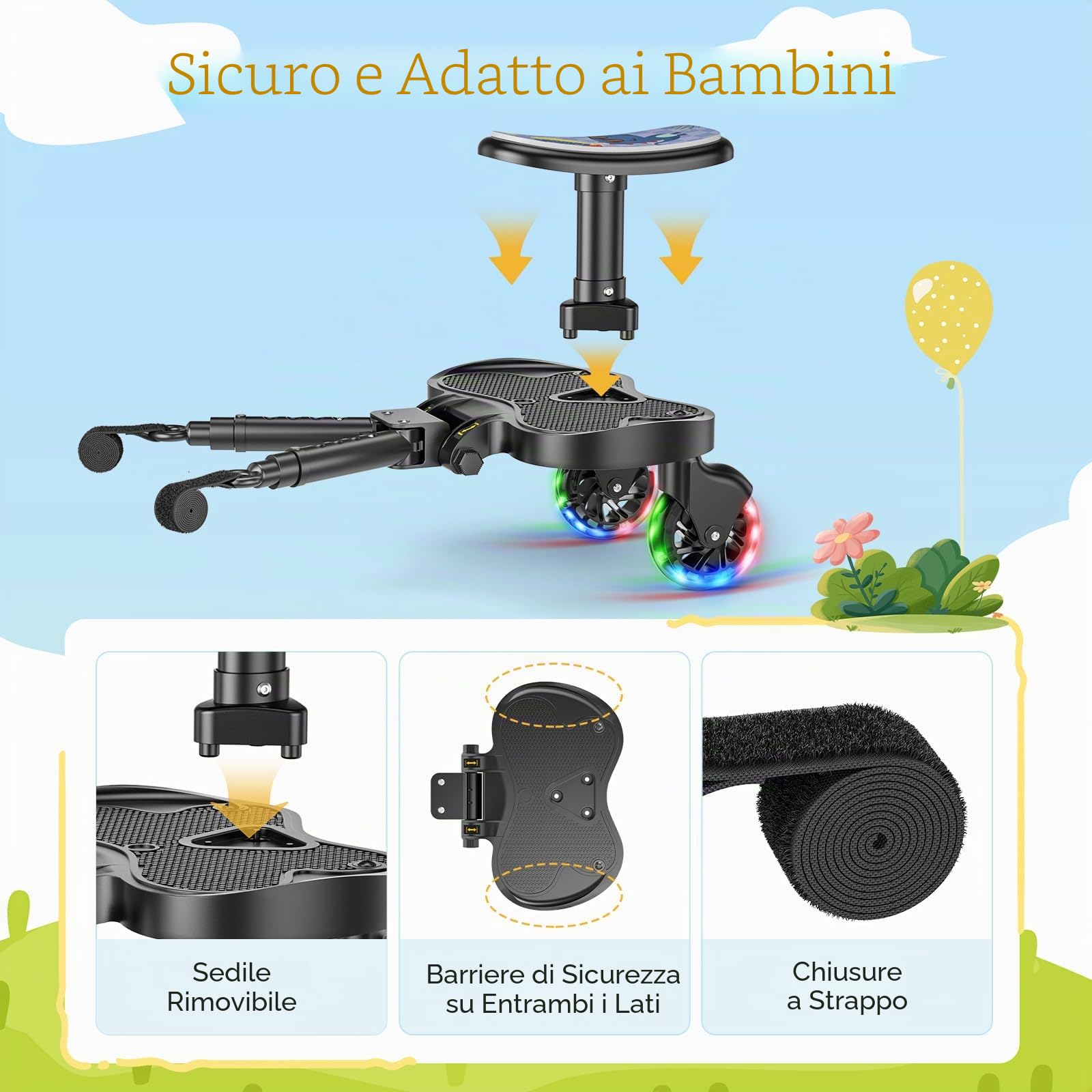 Passeggino con ruote a LED, pedana per passeggino, per bambini da 2 a 6 anni (25 kg), compatibile con il 99% di tutti i passeggini