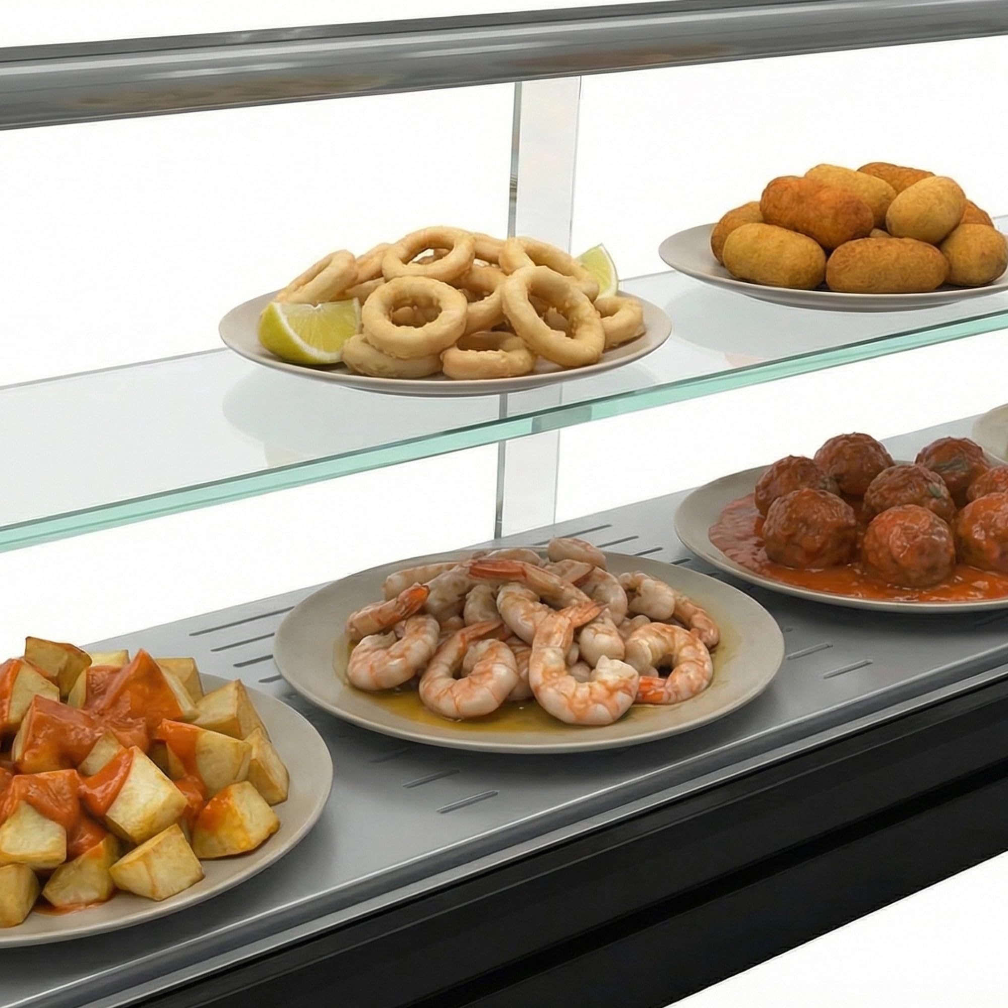 Vetrina riscaldata per tapas WORLDMAI x SAYL, 119 x 39 cm, 2 livelli e vasca piana per ristorazione. Espositore da banco a calore secco, senza LED.
