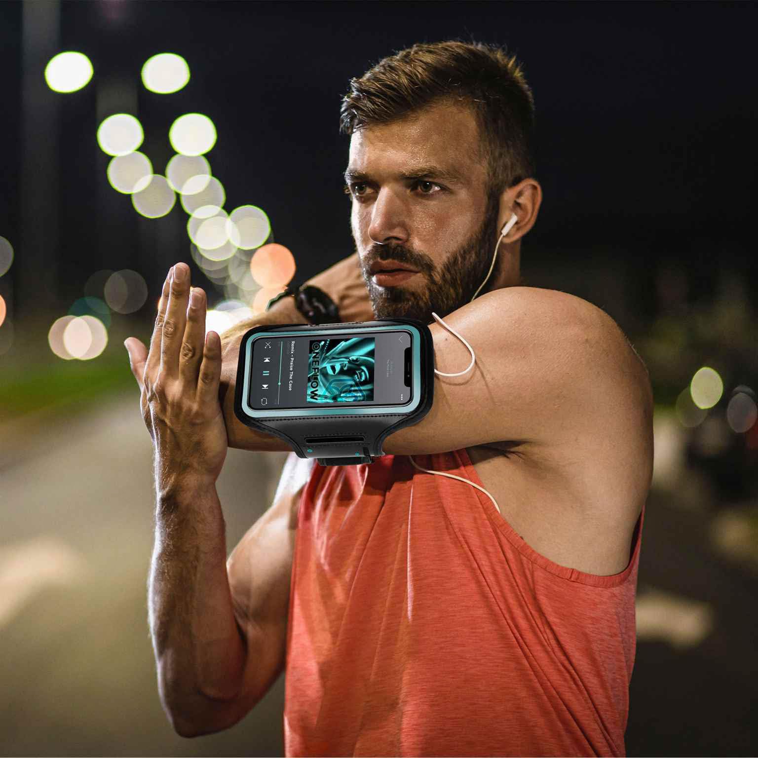 ONEFLOW Workout Case für iPhone 17 Pro Sportarmband zum Joggen mit Touch Fenster, Handy Armband für Sport und Outdoor, Handyhalterung für den Arm, Lauftasche Jogging, Blau