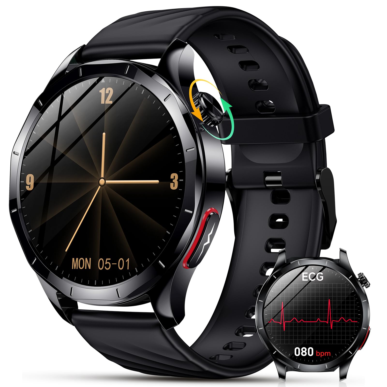 Neu Smartwatch Herren mit EKG+HRV & Blutdruck, 1,43" AMOLED Gesundheitsuhr | 24H Herzfrequenz, SpO2, Schlafmonitor, Körpertemperatur, Telefonfunktion, Harnsäure, SOS-Notruf, Fitnessuhr für Android iOS