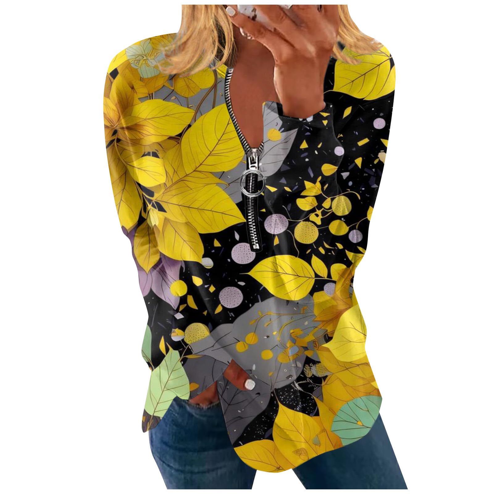 Sweaters for Women Long Sleeve Half Zip Oversized V Neck Tee Sweatshirts Comfort Spring Fall Cute Pullovers Blouses