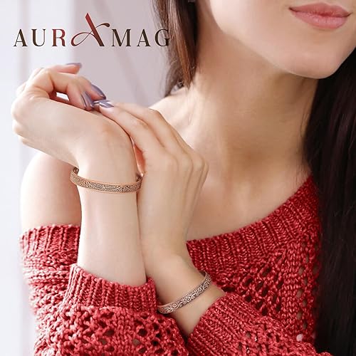 Vista 2 de Brazalete de cobre para mujer, pulsera magnética con 3500 imanes Gauss, joyería de cobre 100% puro con caja de regalo (juego de 2) Árbol de cobre