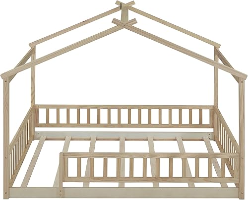 Miniatura 4 de Cama de casa de tamaño matrimonial con barandillas de valla, marco de cama de madera estilo Montessori para niños, divertidas camas de casa de