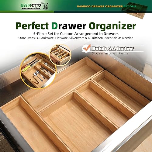 Miniatura 4 de Juego de Organizadores de Cajones de Bambú Apilables de 5 Piezas, Organizador de Utensilios de Cocina, Organizador de Cubiertos y Vajilla - Laminado