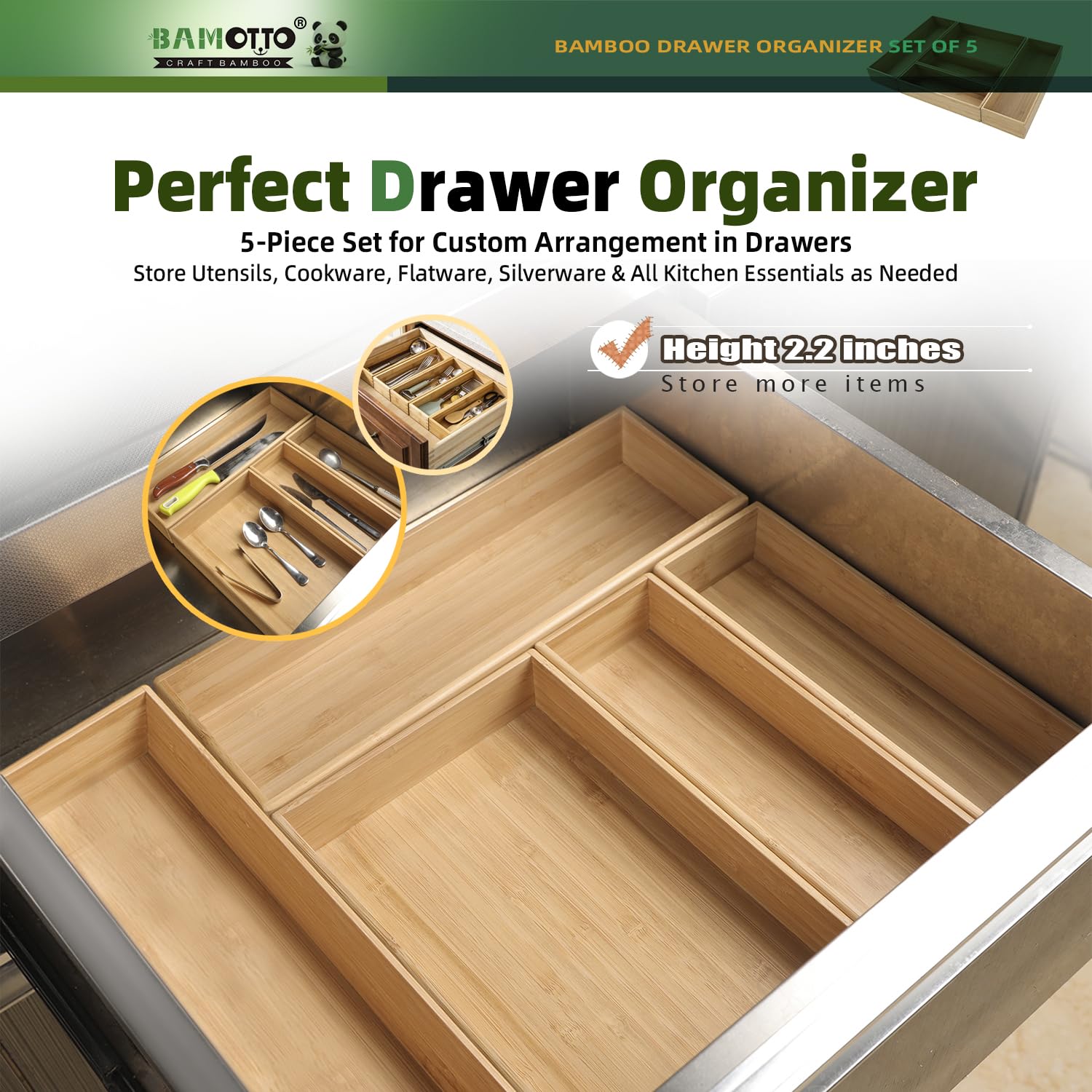 Set Da 5 Organizer Per Cassetti In Bambù, Divisori Rimovibili, Nero, Per Cucina, Posate, Ufficio, Trucco E Bagno