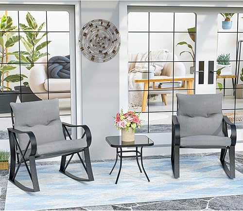 HOMPUS Juego de 3 sillas mecedoras para exteriores, juego de muebles de mimbre para patio, marco de metal, juego de rocas para patio, con cojines