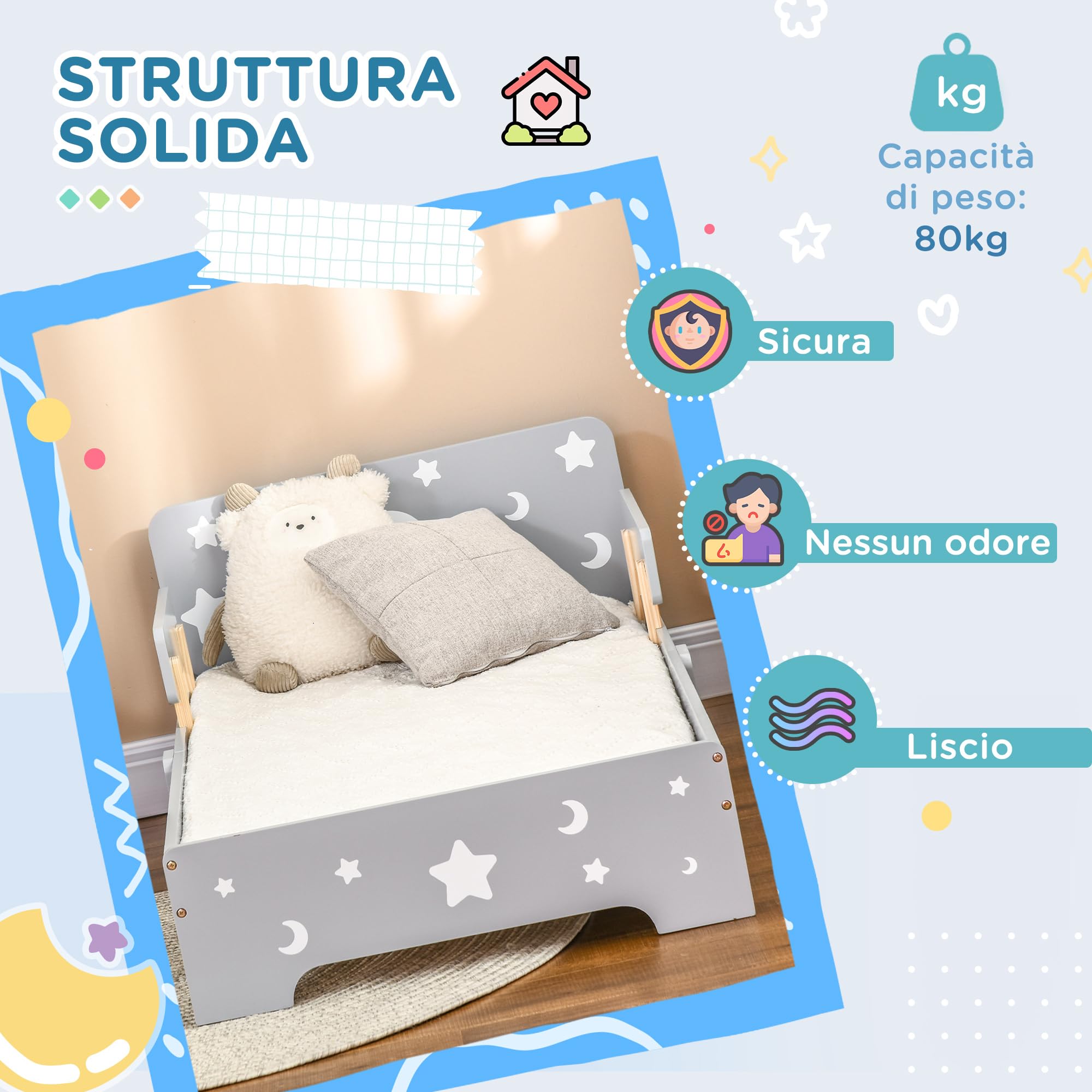 ZONEKIZ Set per Bambini 3-6 Anni con Lettino 143x76x49 cm, Mobile Portagiochi 63x30x60 cm e Cassapanca 60x30x50 cm, Grigio