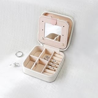 PU Mini Travel Jewellery Box, 3Inches Portable Zipper Trinket Box with Mirror, Cleaning Cloth, Lightweight Jewellery Organiser for Rings, Earrings, Necklace, Bracelets and Gifts(White)