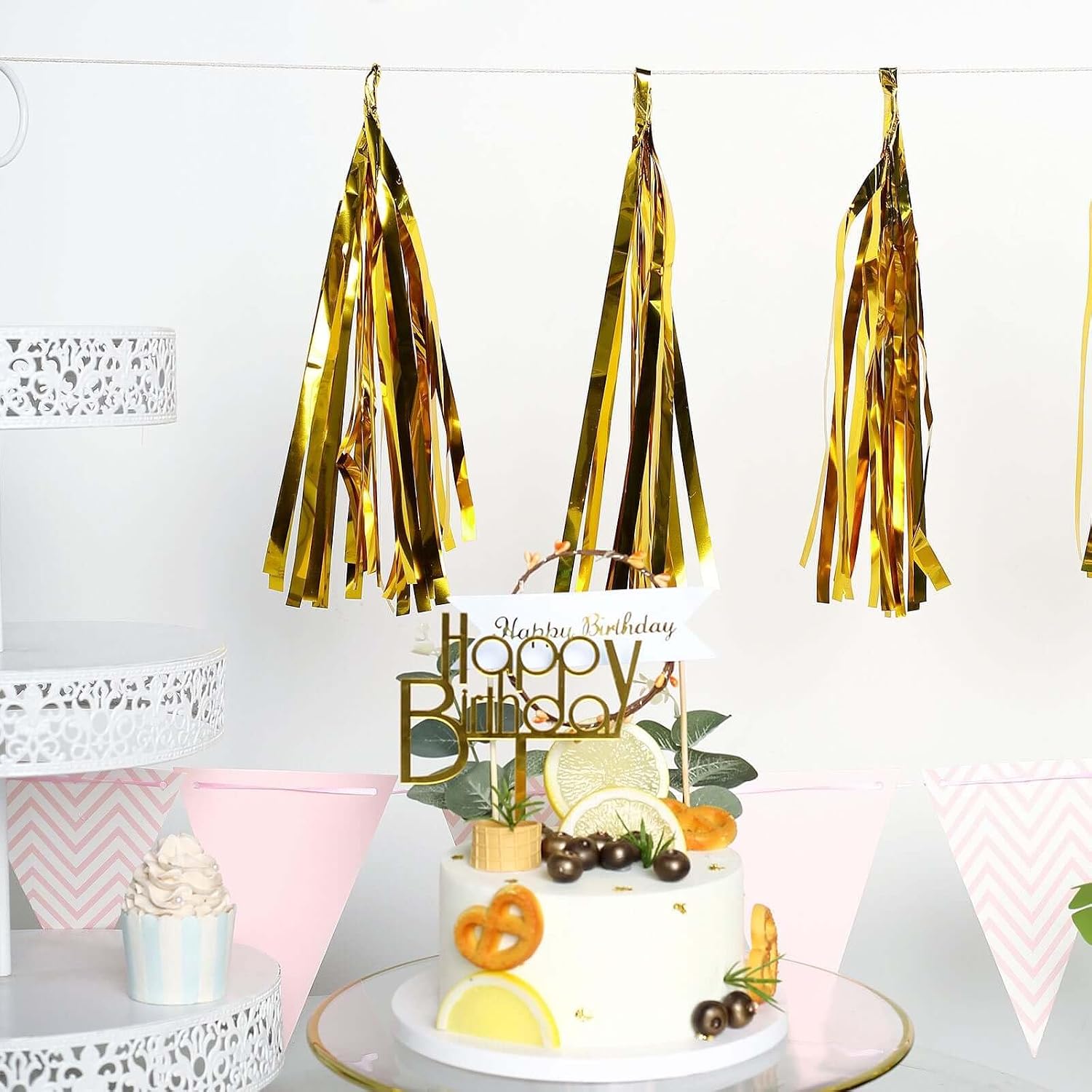Efavormart 5 PCS Pre-Tied Metallic Foil Fringe Tassel Garland, 7.5FT Tinsel Curtain String for Party Photo Backdrop, Wedding, Birthday Decor - Gold