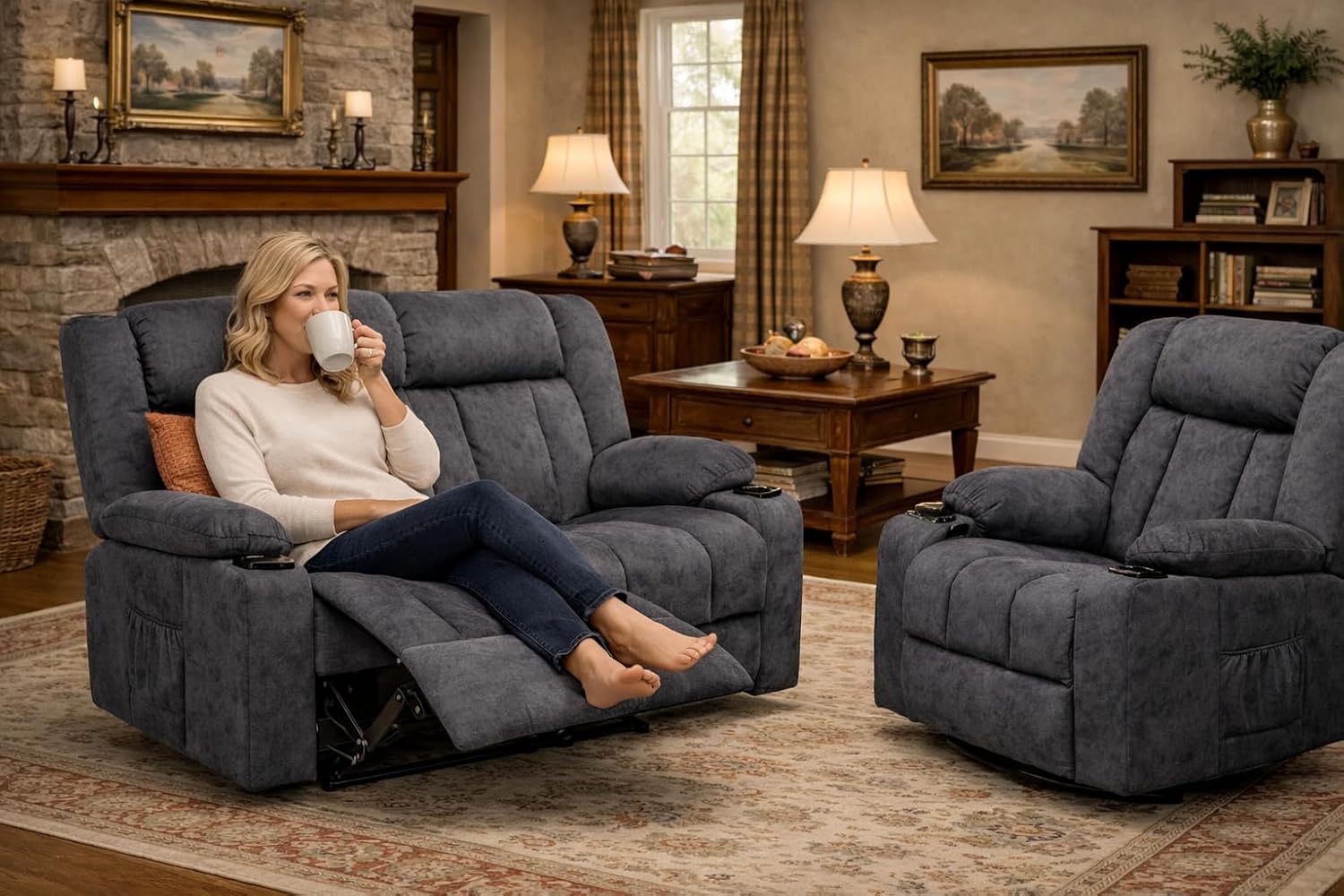 LUCKLIFE Recliner Sofa Set with Manual Recliners,Living Room Furniture Set with Reclining Couch,Loveseat and Armchair,Breathable Fabric Upholstery,Thick Cushions and Ergonomic Design,Dark Gray (2+1)
