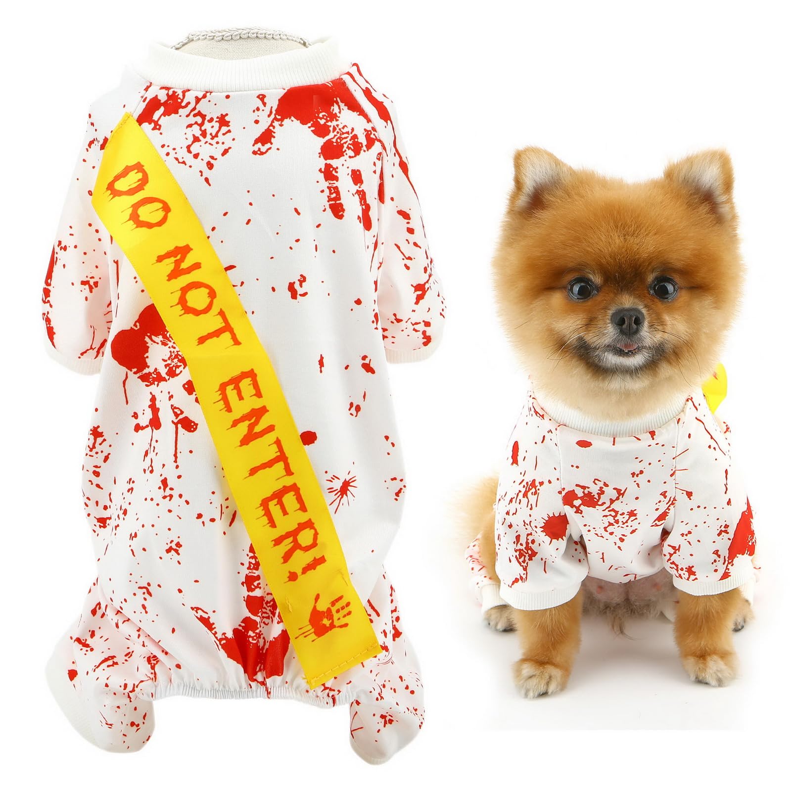 SMALLLEE_LUCKY_STORE Halloween Dog Costumes for Small Dog Puppy Pajamas with Bloody Letter "DOT NOT ENTER" Banner Cosplay Party Holiday Jumpsuit Cat Clothes, White, S