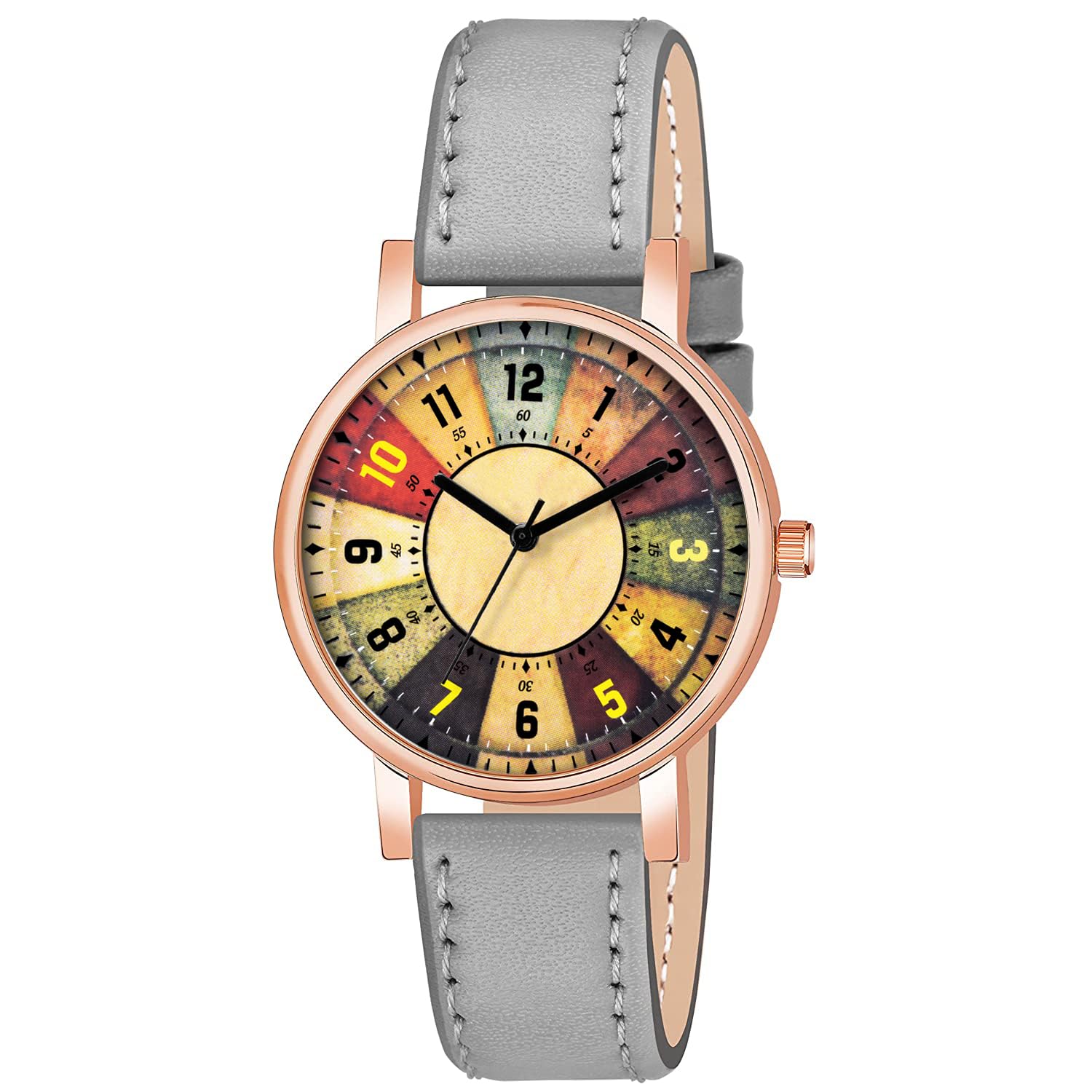 Gadgets World Analog Round Yellow Dial Stylish Grey Strap Creative Fashion Wrist Watch for Women and Girls, Pack of 1 – C36-VINTAGE-GRY-L