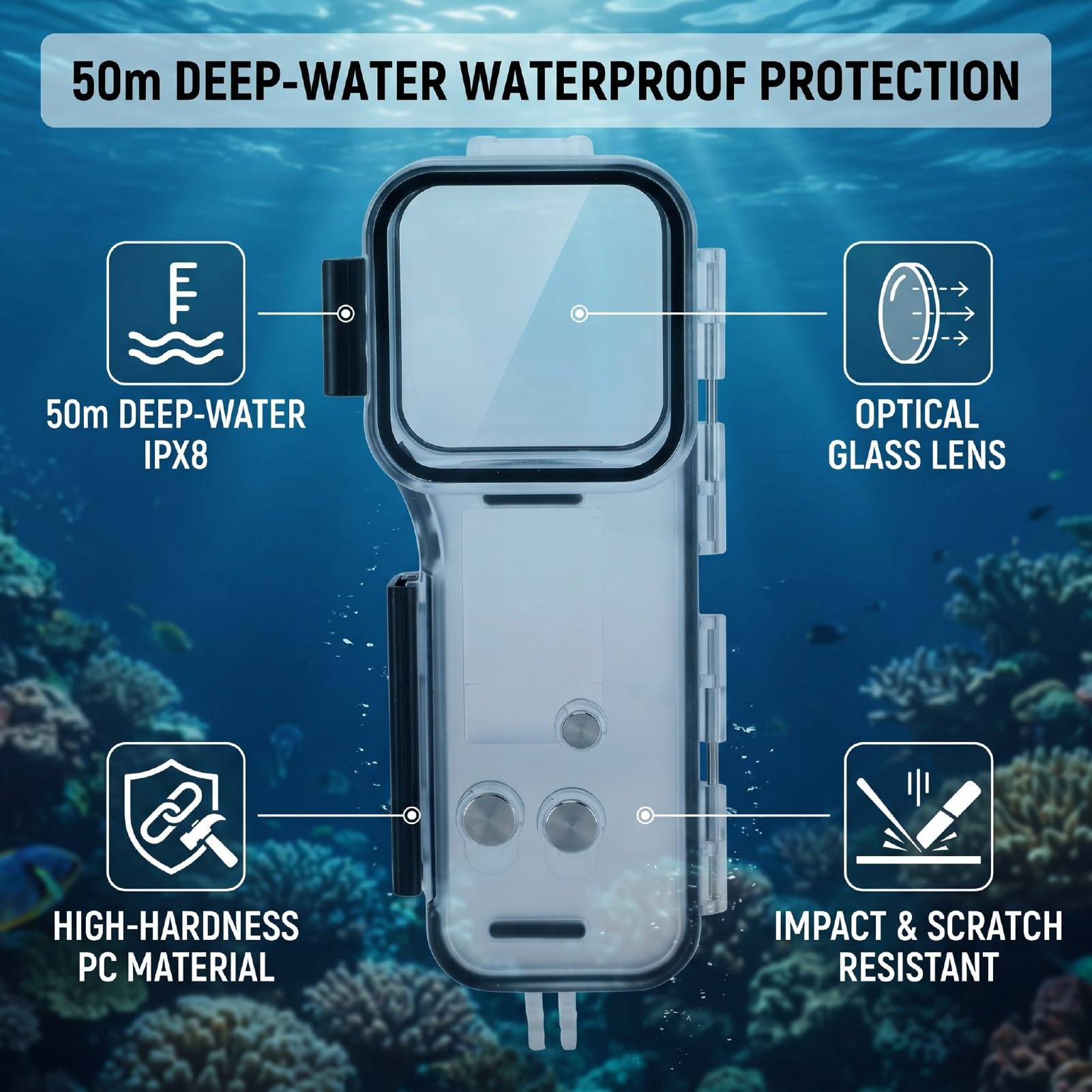 Jectse Custodia Impermeabile IPX8 per 4 Action Camera, Custodia Subacquea da 164 Piedi con Vetro Antiriflesso, per Snorkeling, Immersioni, Surf