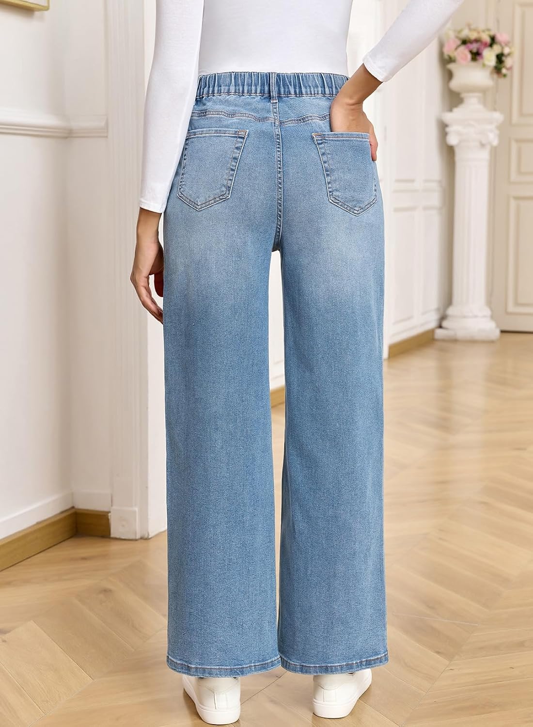 BLENCOT Maternity Jeans High Waist Drawstring Straight Leg Denim Pants L | Women's Pregnancy Pants Office Work Pants Maternity Fall Clothes Postpartum Plus Size Jeans Mist Blue