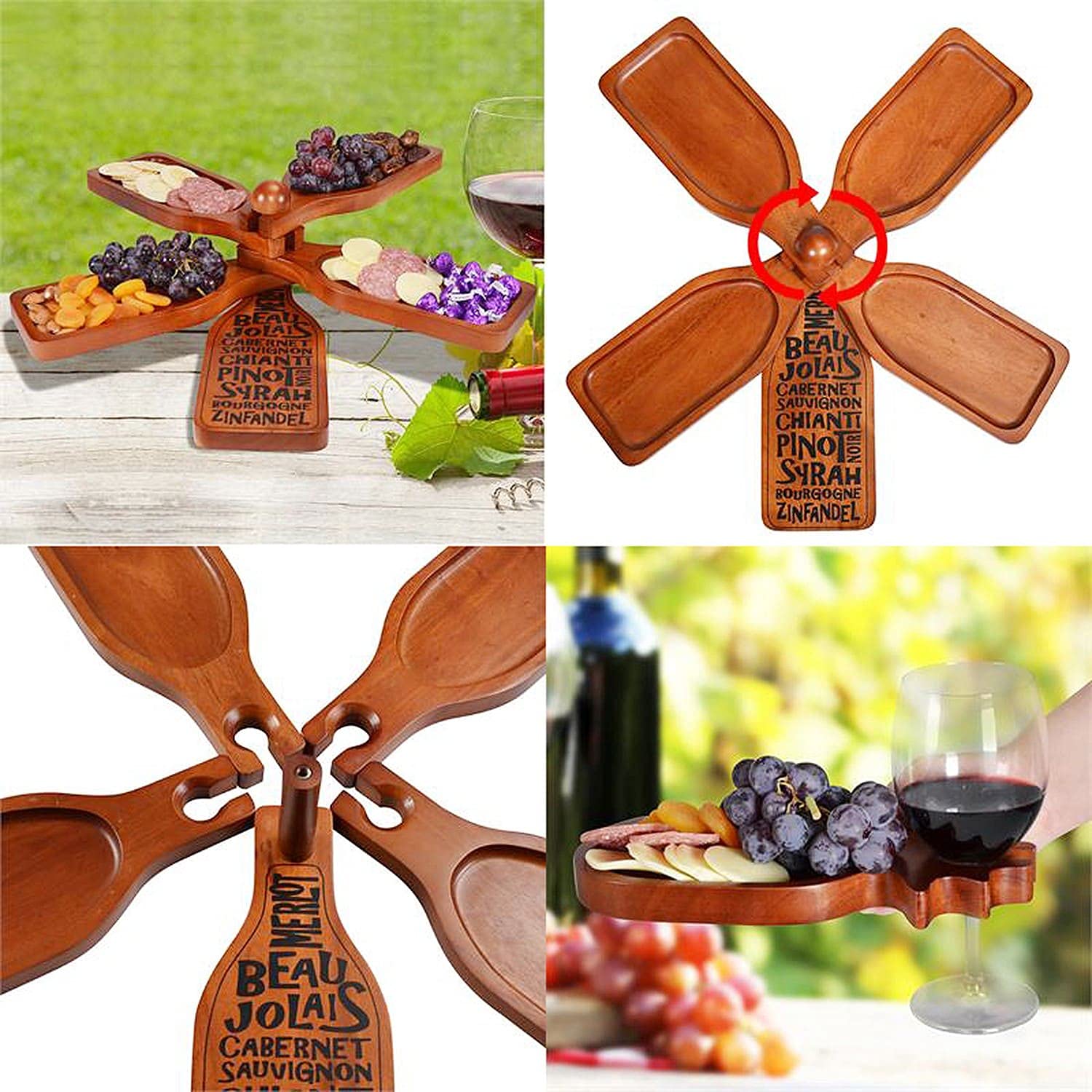 Primeware Set di piatti per antipasti di vino, in legno di mogano, con supporto per carne, formaggio, frutta, bicchieri da vino