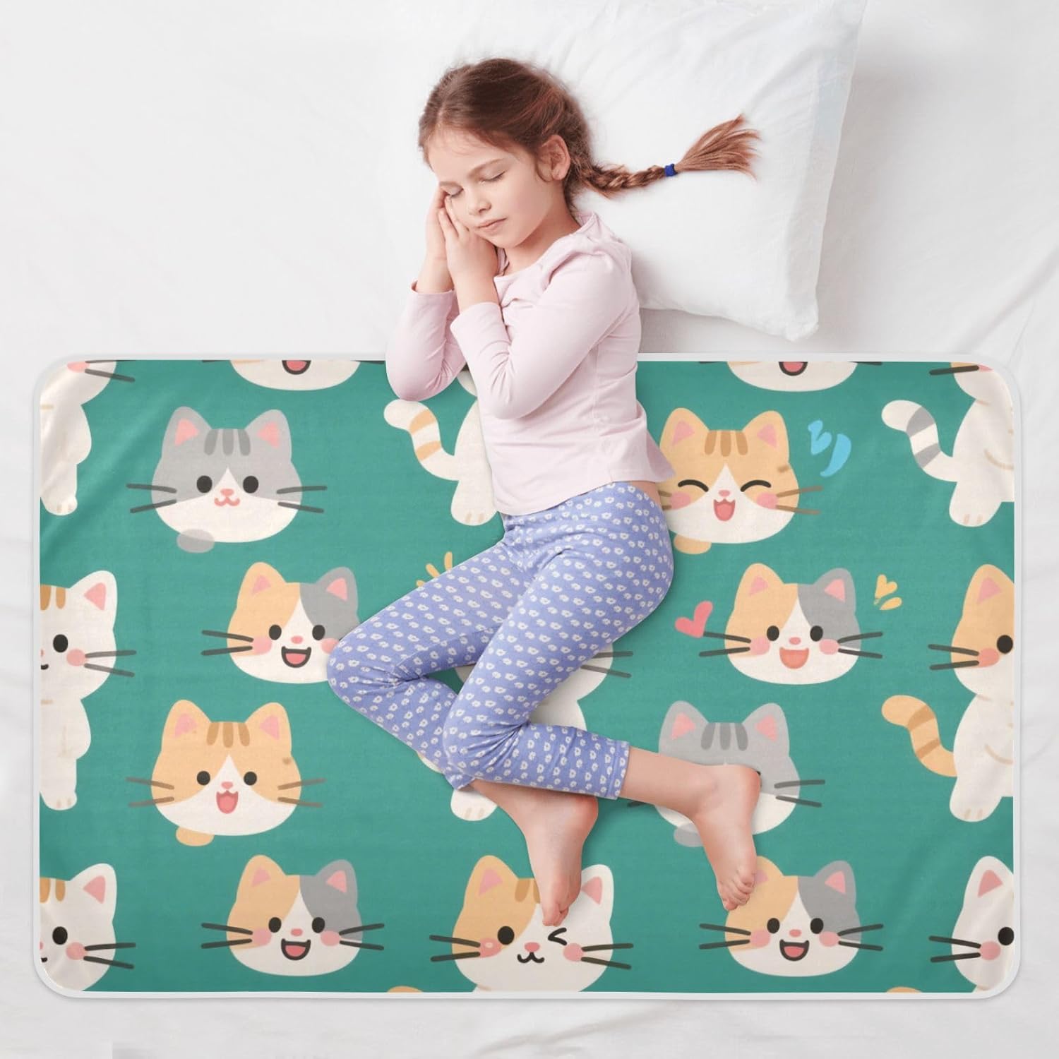Cartoon Cute White Cat Extra Large Resuable Training Pee Pads for Kids Water Resistant Sheet Cover Underpads Changing Pad Liner for Kids Bedwetting , 52" L x 34" W