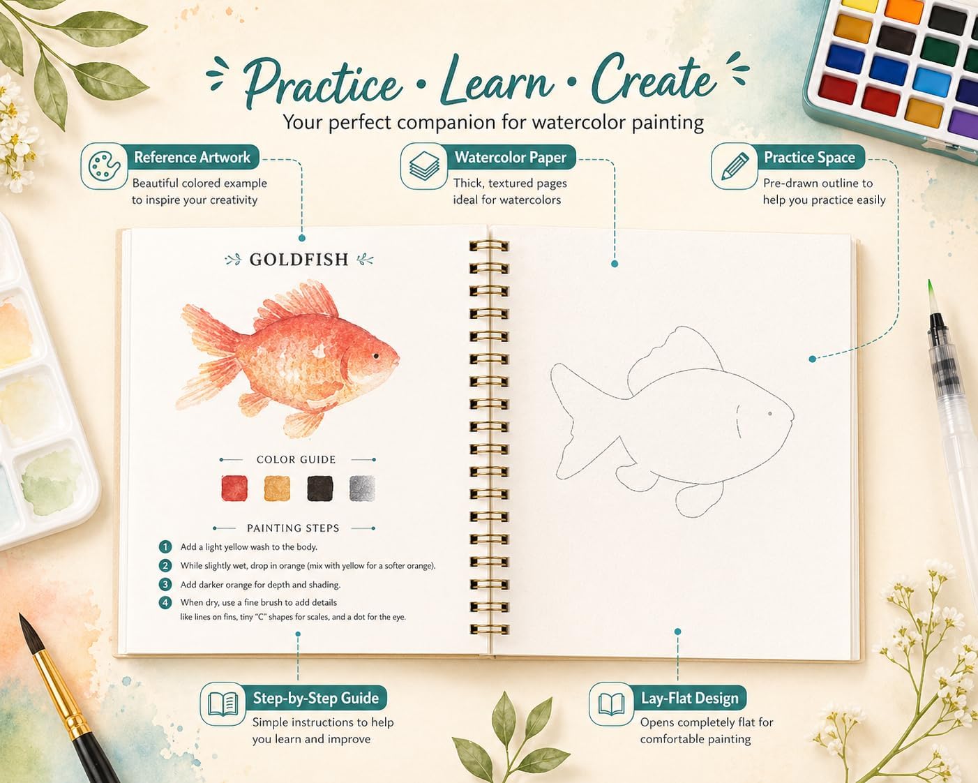 Babaroce Watercolor Paint Set with Workbook Watercolor Art Kit with Guided Painting Book – 50 Shade Paint Set for Adults & Beginners with Brushes & Metallic Tones(Animals, with 50 Color Box)