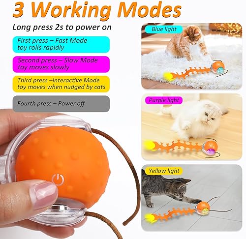 Miniatura 5 de Juguetes interactivos para gatos de interior, bola de gato de rodadura rápida con cola de ciempiés, juguete automático activado por el tacto de