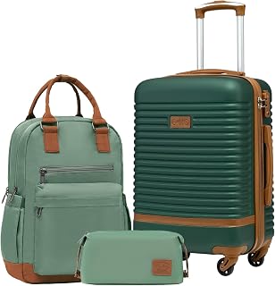 Koffer Trolley Koffer Reisekoffer von ABS Hartschalen Trolley 4 Rollen TSA-Schloss Der Koffer Enthält 1 Reiserucksack und 1 Kulturbeutel (Dunkelgrün/Braun, Handgepäck-Set 3tlg)