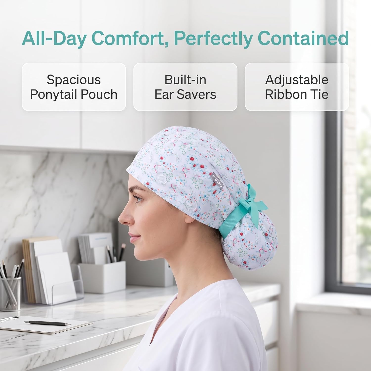Women's Satin Lined Scrub Cap with Ponytail Holder Pouch, Adjustable Tie Back, Floral Printed Surgical Nurse Cap (Green)