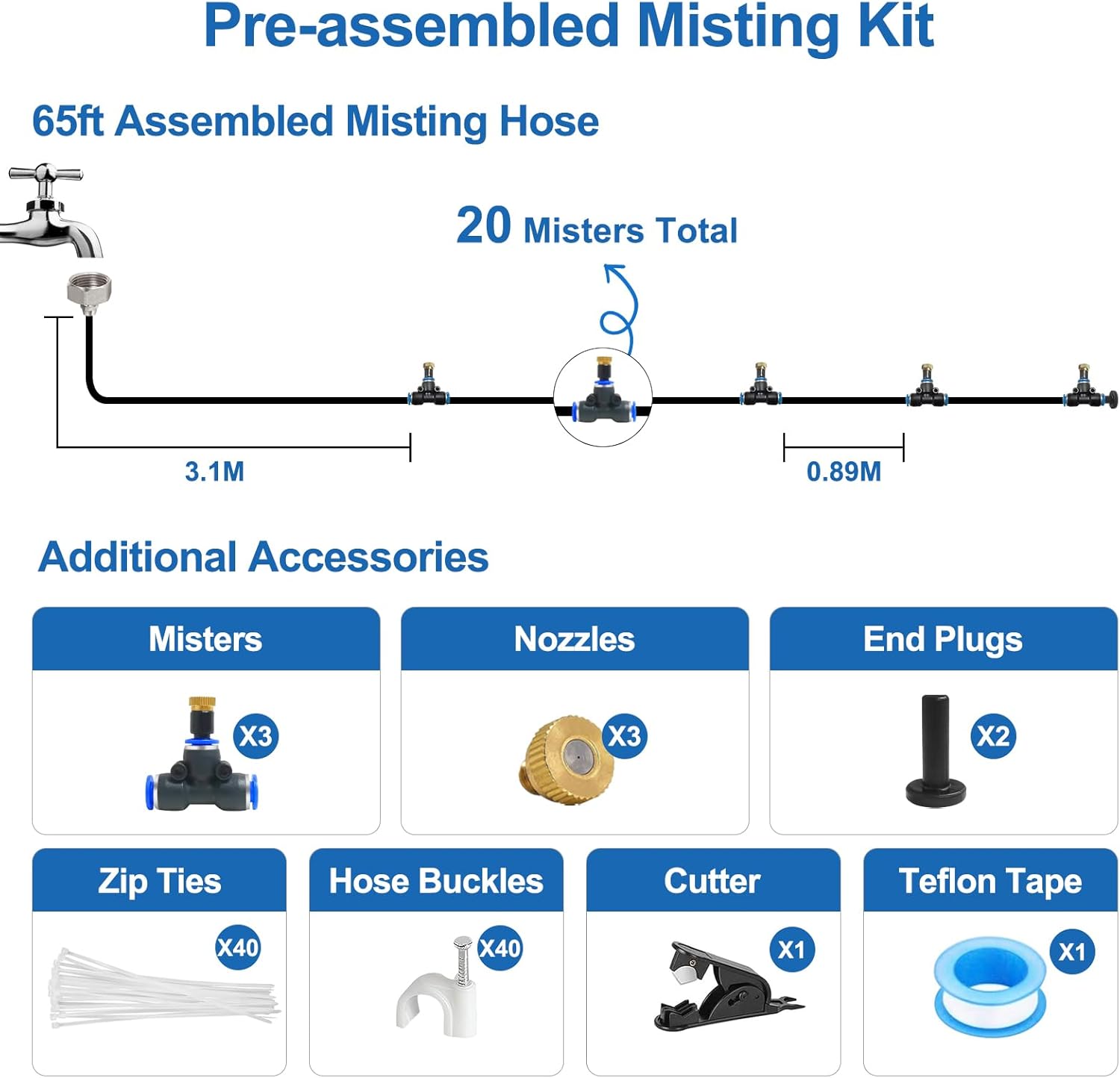 Pre-Assembled Mister Hose for Outside Patio, Misting System for Outdoor, 65Ft|20M. Backyard Cooling Mist for Garden, Greenhouse, Deck, Umbrella, Canopy, Pool, Porch.Trampoline Sprinkler Park, Chicken