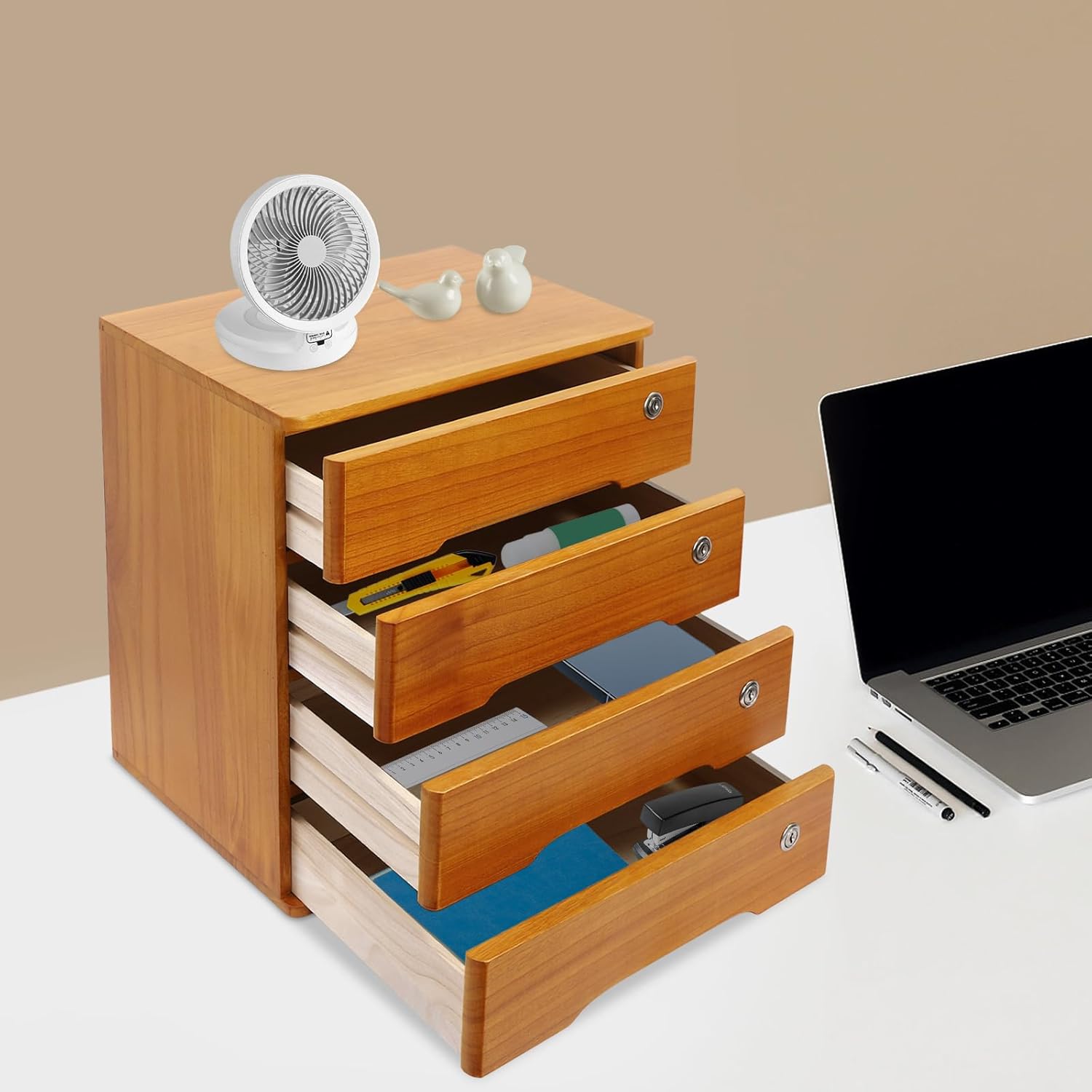 Desktop File Organizer with Lock, 2/3/4 Tier Multi-Drawer Wooden Storage Cabinet, Office Supply Organizer for Home Desk, Study & Workplace (Brown, 4 Layers)