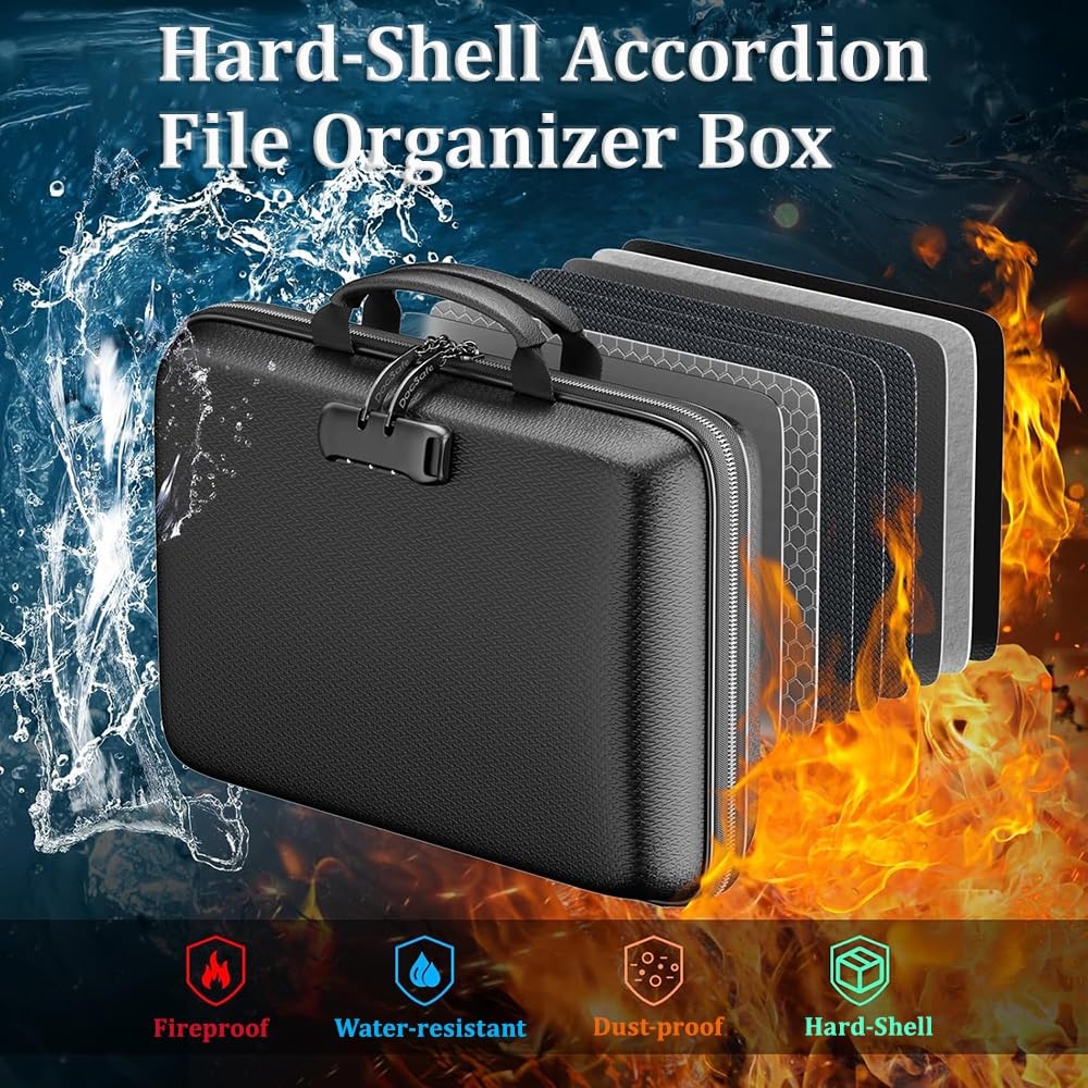 Organizer per documenti ignifugo con serratura, impermeabile, formato A4, con 13 tasche espandibili, sistema di archiviazione portatile per banconote, ricevute e certificati