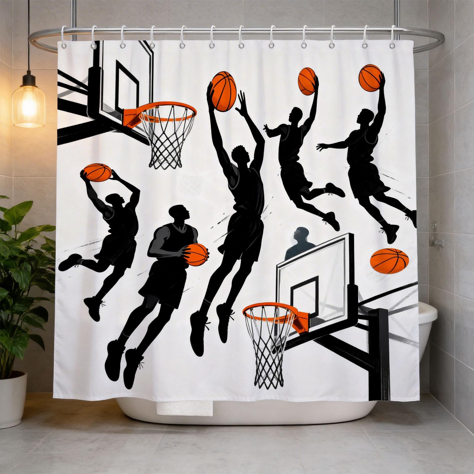 Hongduo White 3D Dunk Moment Shower Curtain For Stalls Bathtubs Cartoon Bathroom Decor Shower Curtain Set Polyester Fabric Waterproof 200X200cm/79X79 Inch With Hooks