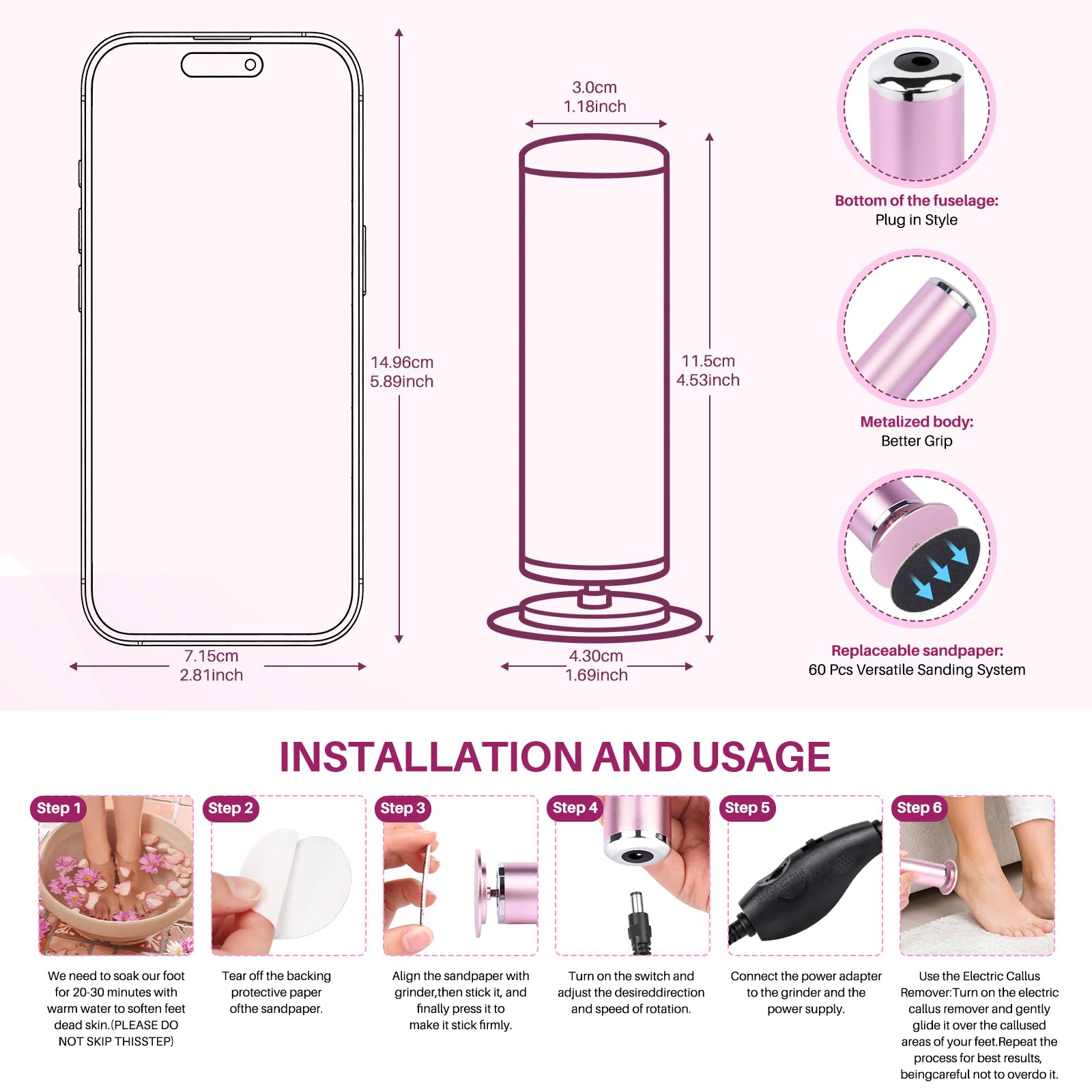 LIONVISON Electric Foot Callus Remover: Adjustable Speed Foot File for Cracked Heels - Working Women's Summer Pedicure Tool with 60pcs Sandpaper Discs - Dead Skin Remover for Dry Feet at-Home