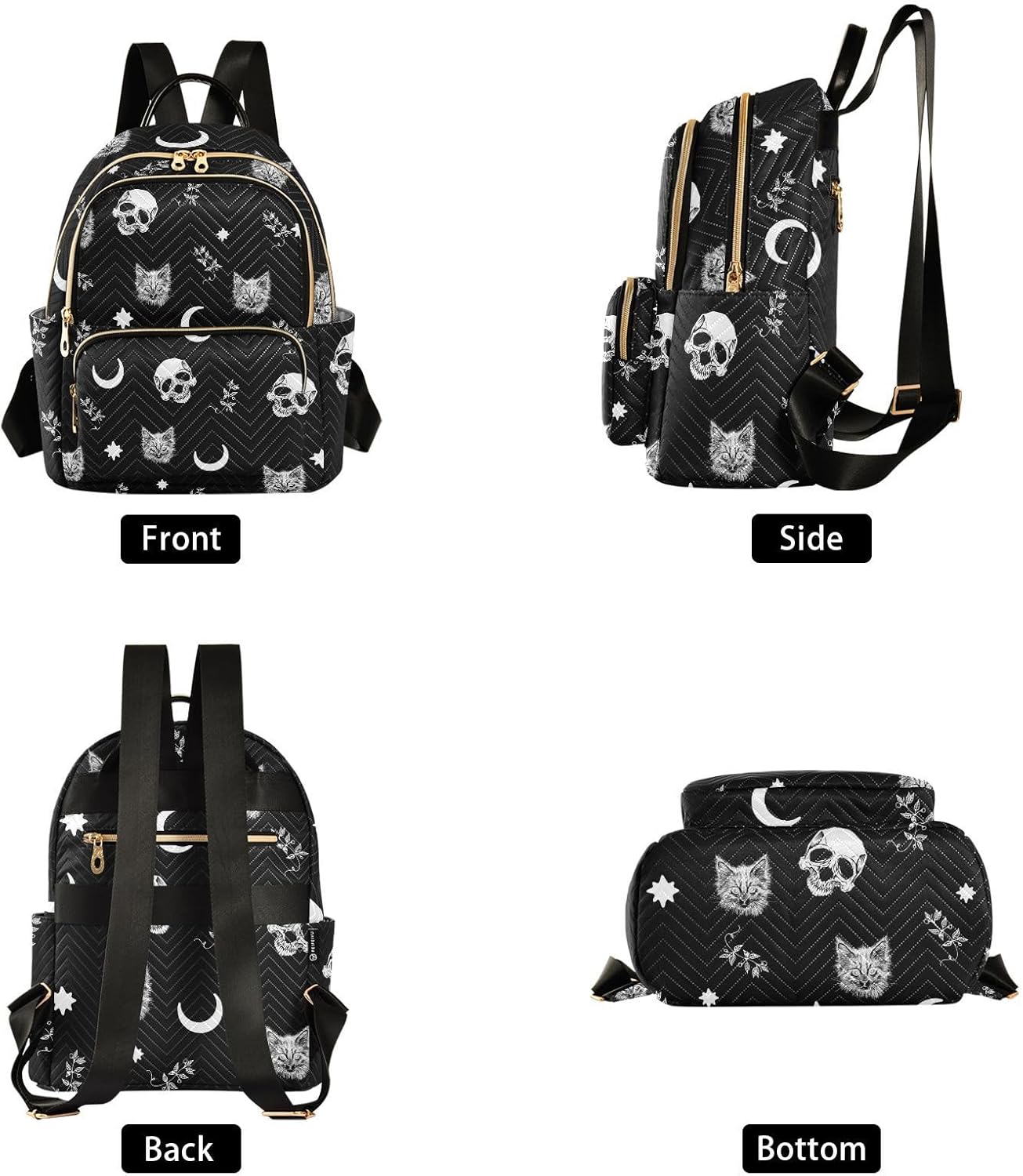 Women Fashion Backpack Purse Casual Lightweight Travel Shoulder Bag Skull Cat Moon Gothic Pattern Rucksack Ladies Bag, Small - Image 3