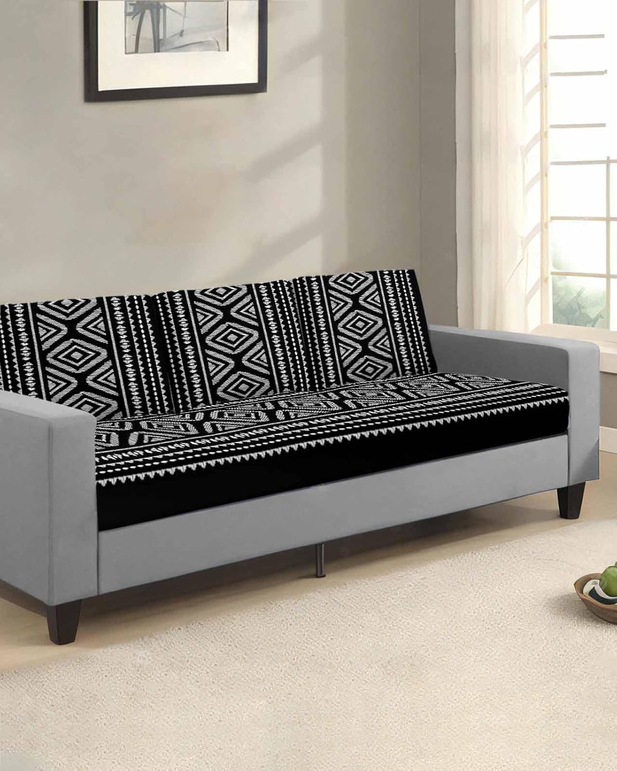 Geometric Boho Stretch Couch Sofa Cushion Covers,Sectional/Individual/L/T Shape Sofa Couch Slipcover Furniture Slip Cover with Elastic Bottom,Black White Abstract Minimalist Stripes L Size 1-PC