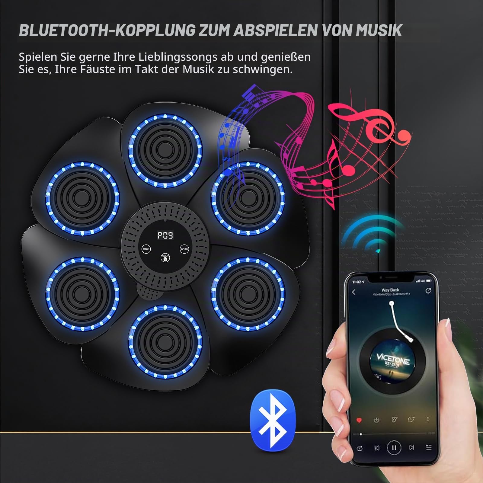 Musik-Boxmaschine, 2025 Neue Smart Bluetooth-Musik-Boxmaschine mit Boxhandschuhen, Wandmontierte Boxmaschine, 9 Geschwindigkeitsmodi und Zählmodus für Erwachsenen und Kindern (Schwarz+Handschuhe)