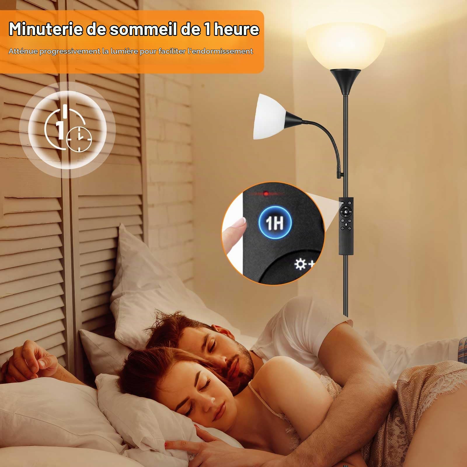 OUTON Lampadaire LED avec télécommande, 4 températures de couleur, luminosité réglable, minuterie, moderne lampadaire torchère avec lampe de lecture pour le salon, la chambre à coucher, le bureau