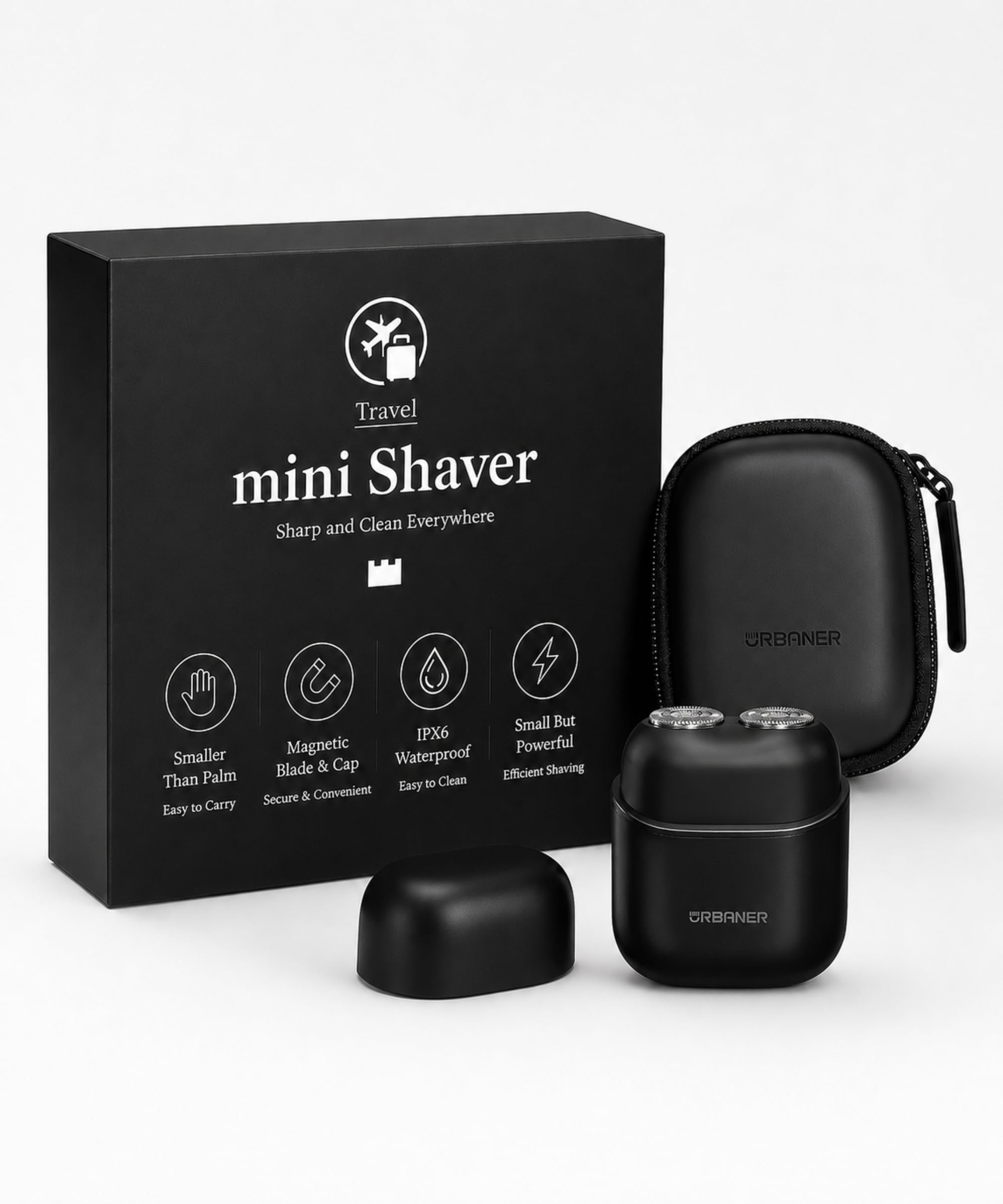 URBANER Mini rasoio, rasoio portatile da uomo, rasoio da viaggio da uomo, mini rasoio elettrico, doppia testa rotante, testa magnetica, impermeabile IPX6, ricaricabile USB-C, 85 g, nero opaco