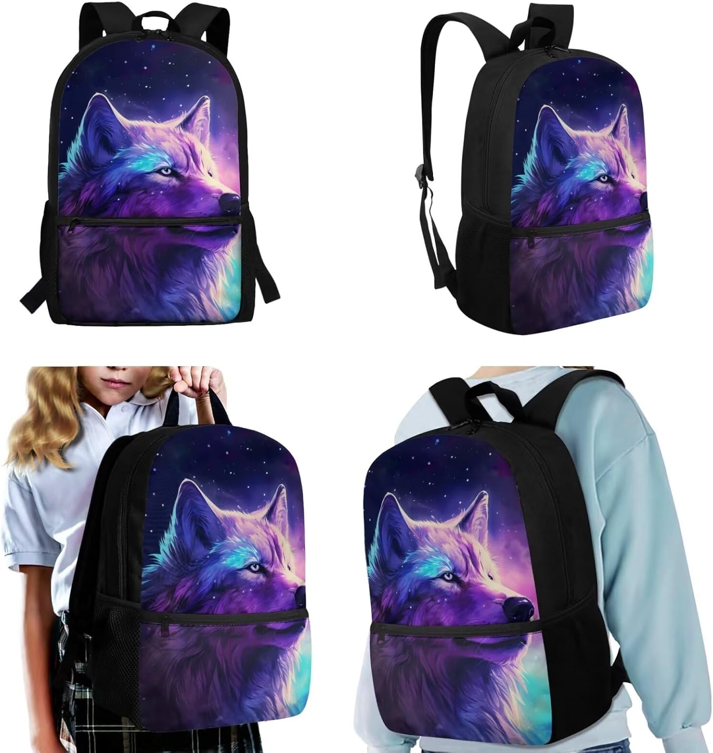 TOADDITDO Wolf Heavy Duty School Backpack for Teen Boys 3-in-1 School Bags Set with Lunch Bag Pencil Case Kids Middle School Bookbag Large Capacity Travel Shoulder Bag Laptop Backpacks Daypack