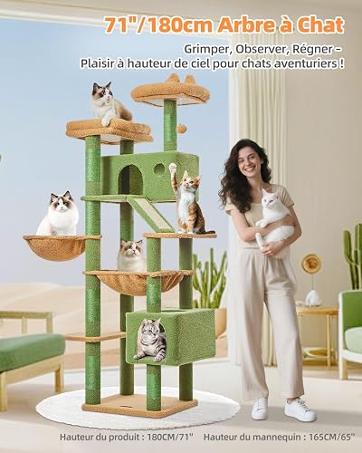 Taoqimiao Cat Tree, 180cm Cat Tower for Indoor Cats Large Cats, Multi-level Cat Climbing Tower, 8 Sisal Scratching Posts, Metal Frame Cozy Hammock, Scratch Board, 2 Top Perches, Green MSC026L - 3