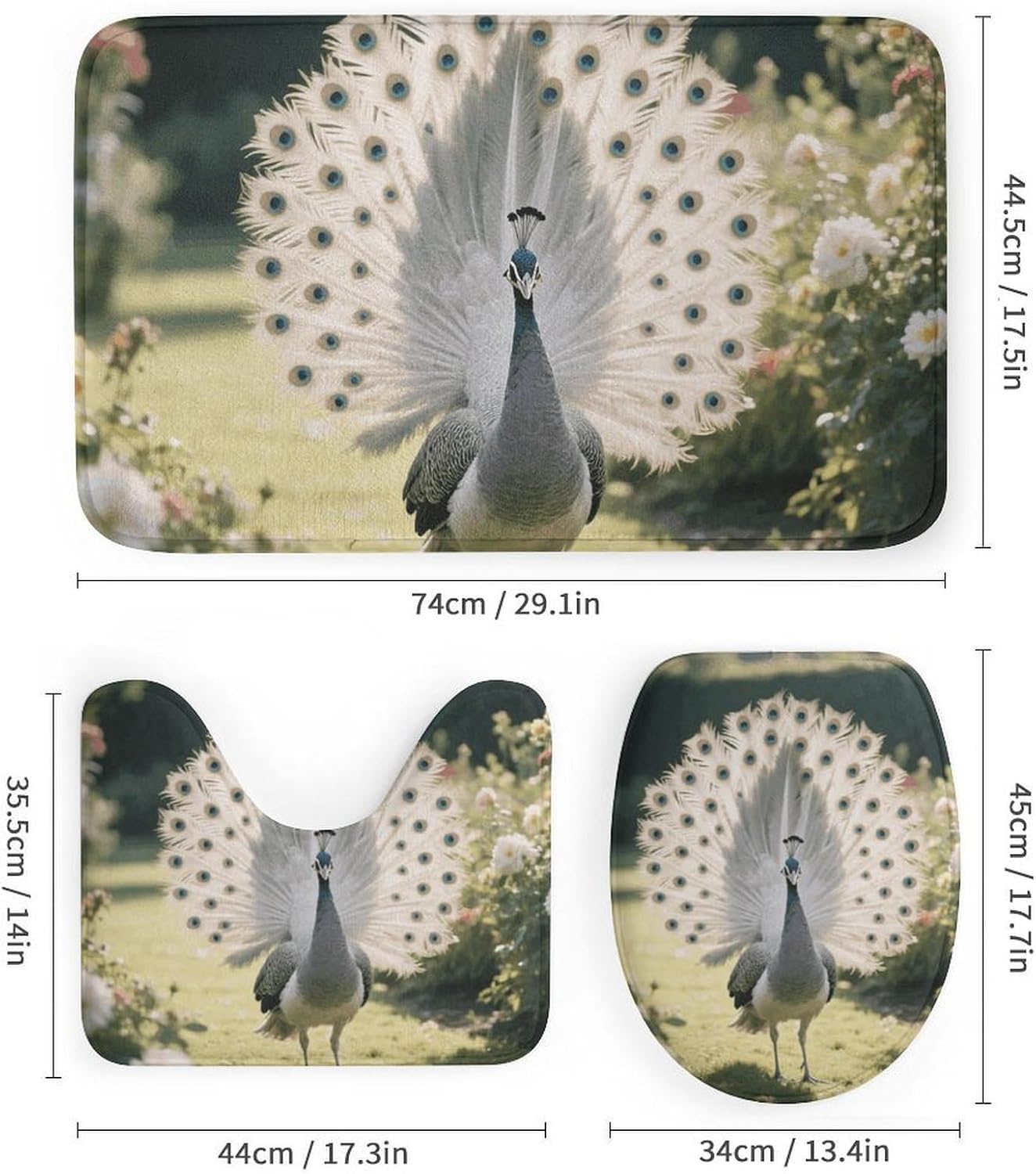 Gray and White Peacock Shower Curtain Set 4 Piece, Non-Slip Bath Mat with Toilet Lid Cover and Waterproof Shower Curtain with 12 Hooks, Complete Bathroom Set for Home Decor