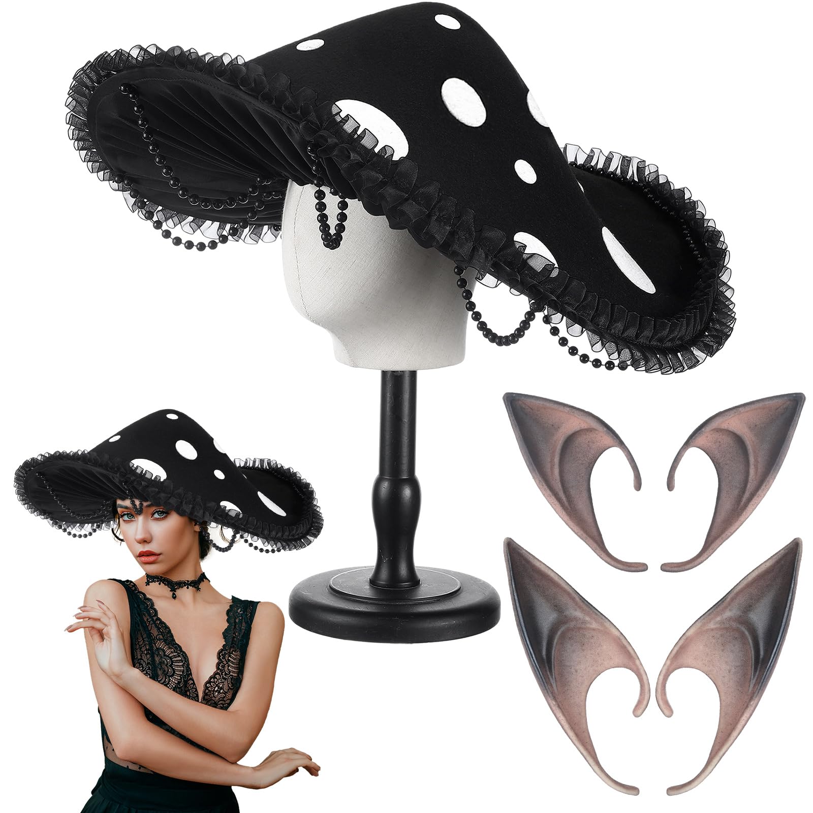 Mepase 3 Pcs Renaissance Mushroom Accessories Set Medieval Mushroom Hat with Lace Bead Brim Fairy Elf Ears Elf Cosplay for Women Halloween Forest Fantasy Victorian Costumes Accessories